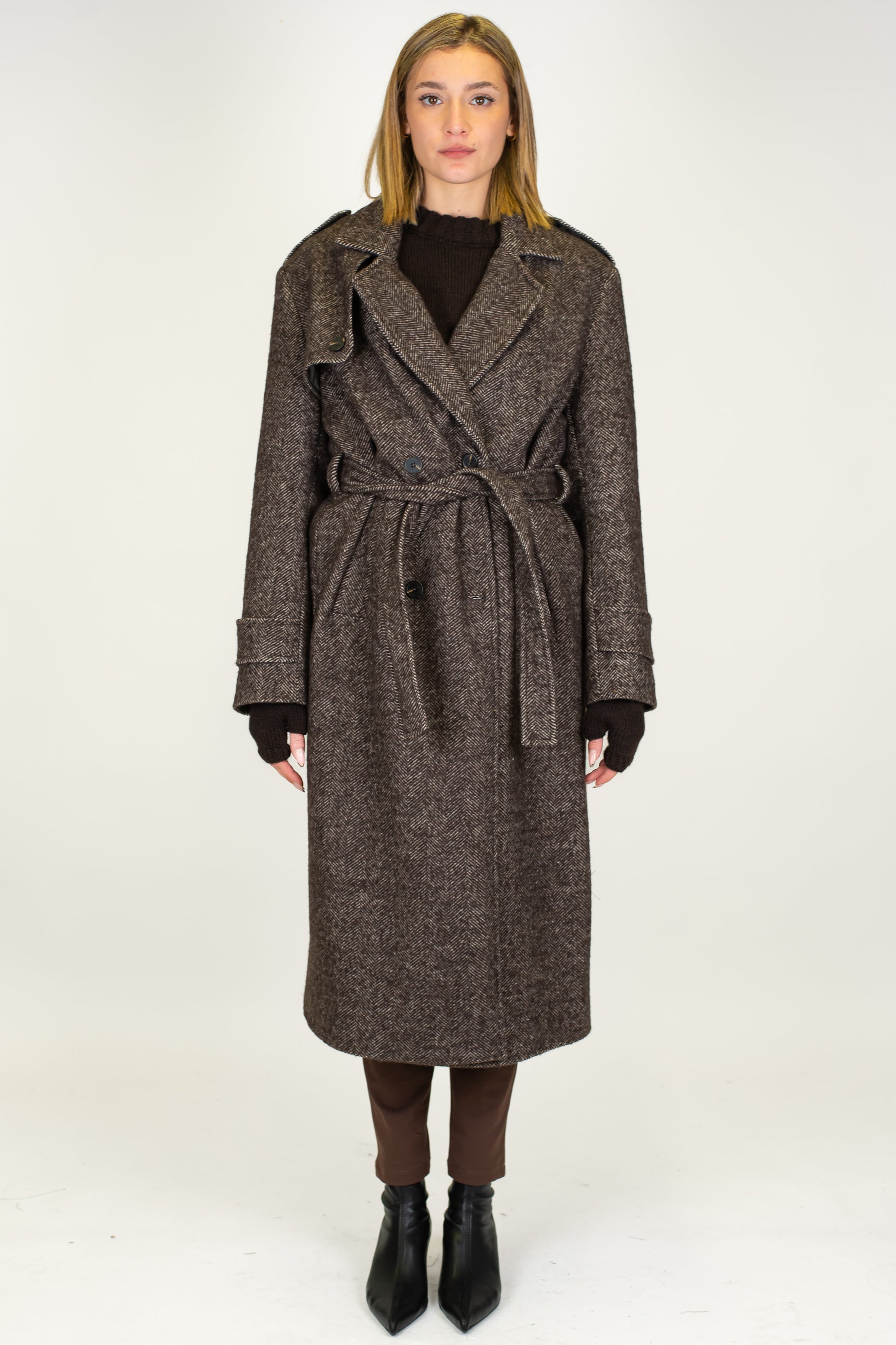 Tensione in - Cappotto lungo doppipetto fantasia spinata in misto lana con cintura in tessuto
