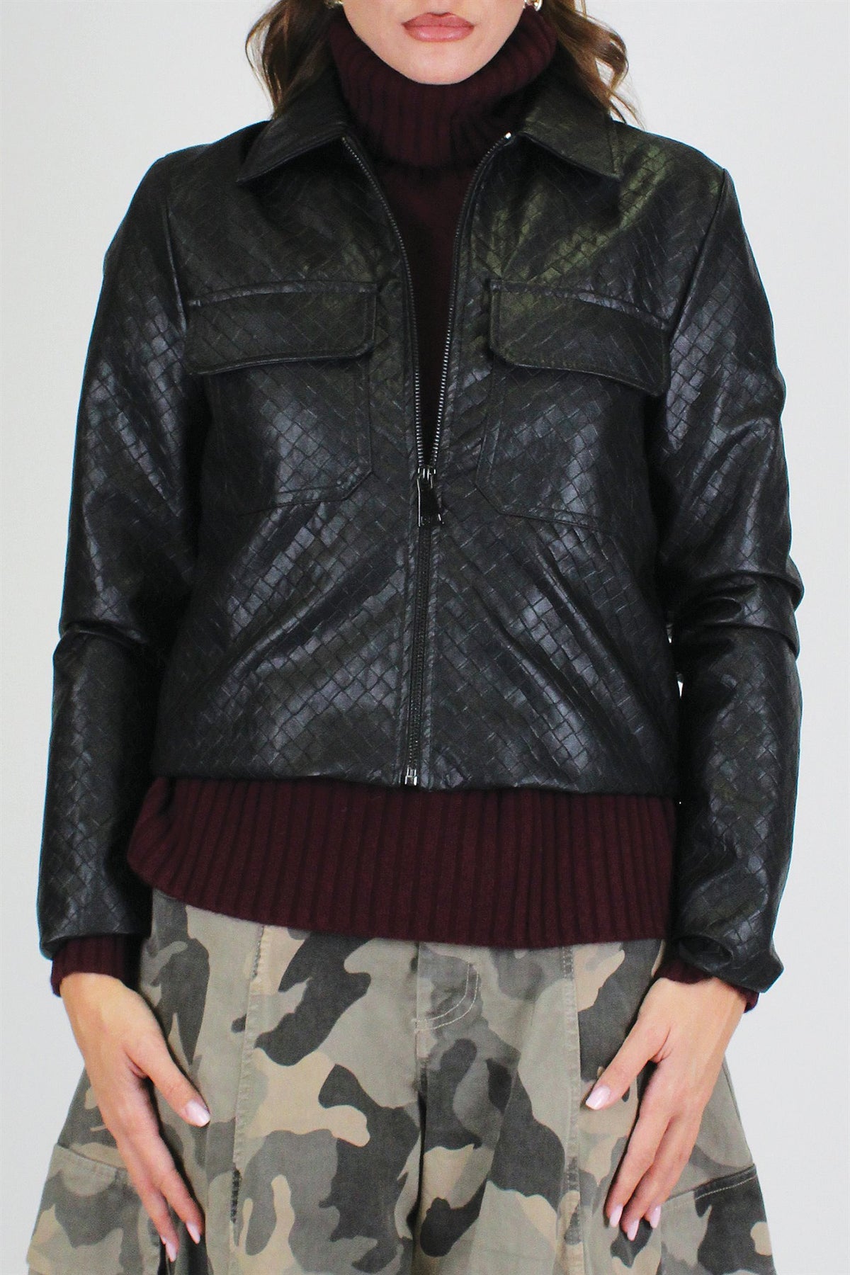 Dixie - Giubbino in ecopelle fantasia intrecciata con taschini e chiusura zip