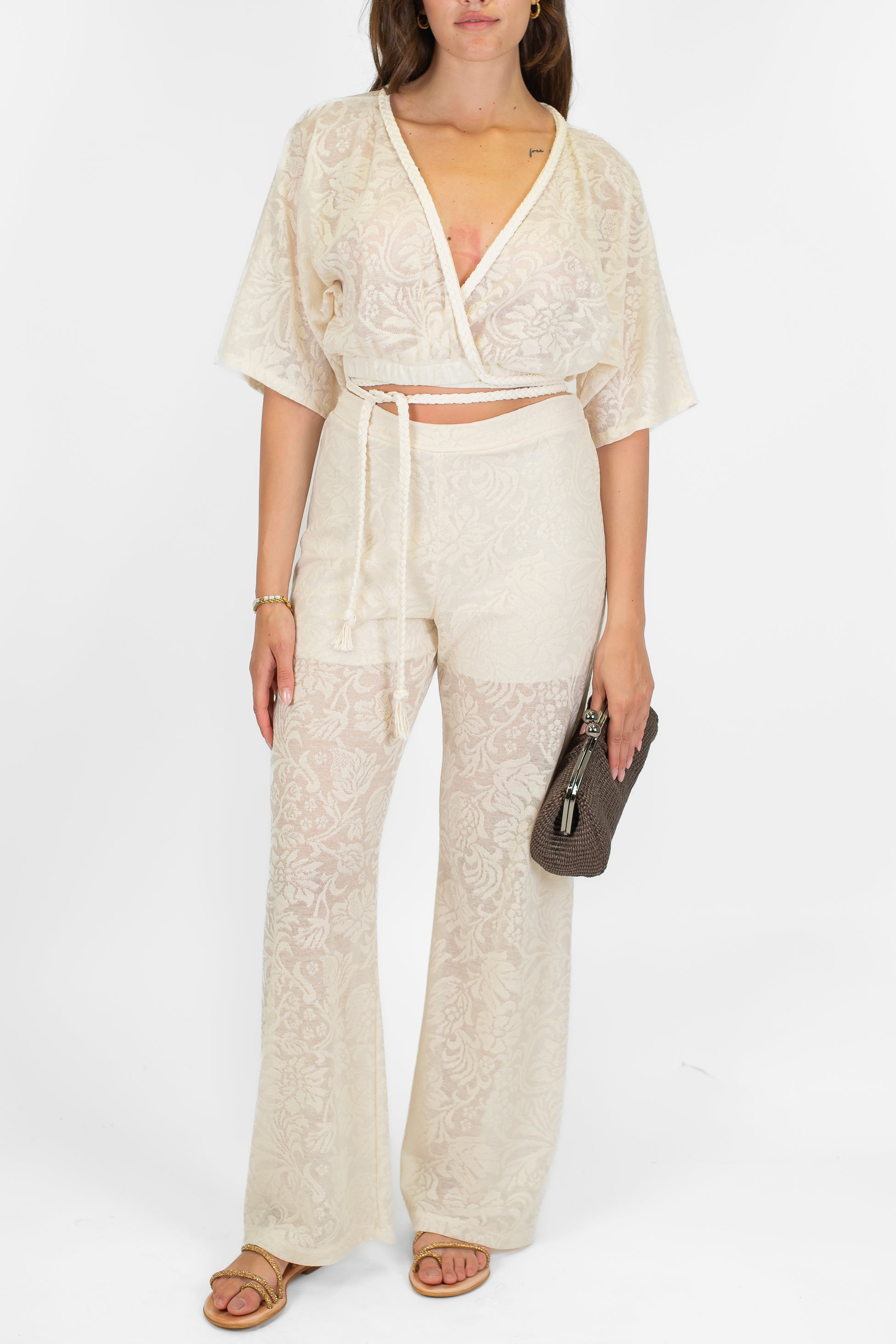 Haveone - Pantalone ricamato in pizzo con elastico in vita e fodera interna