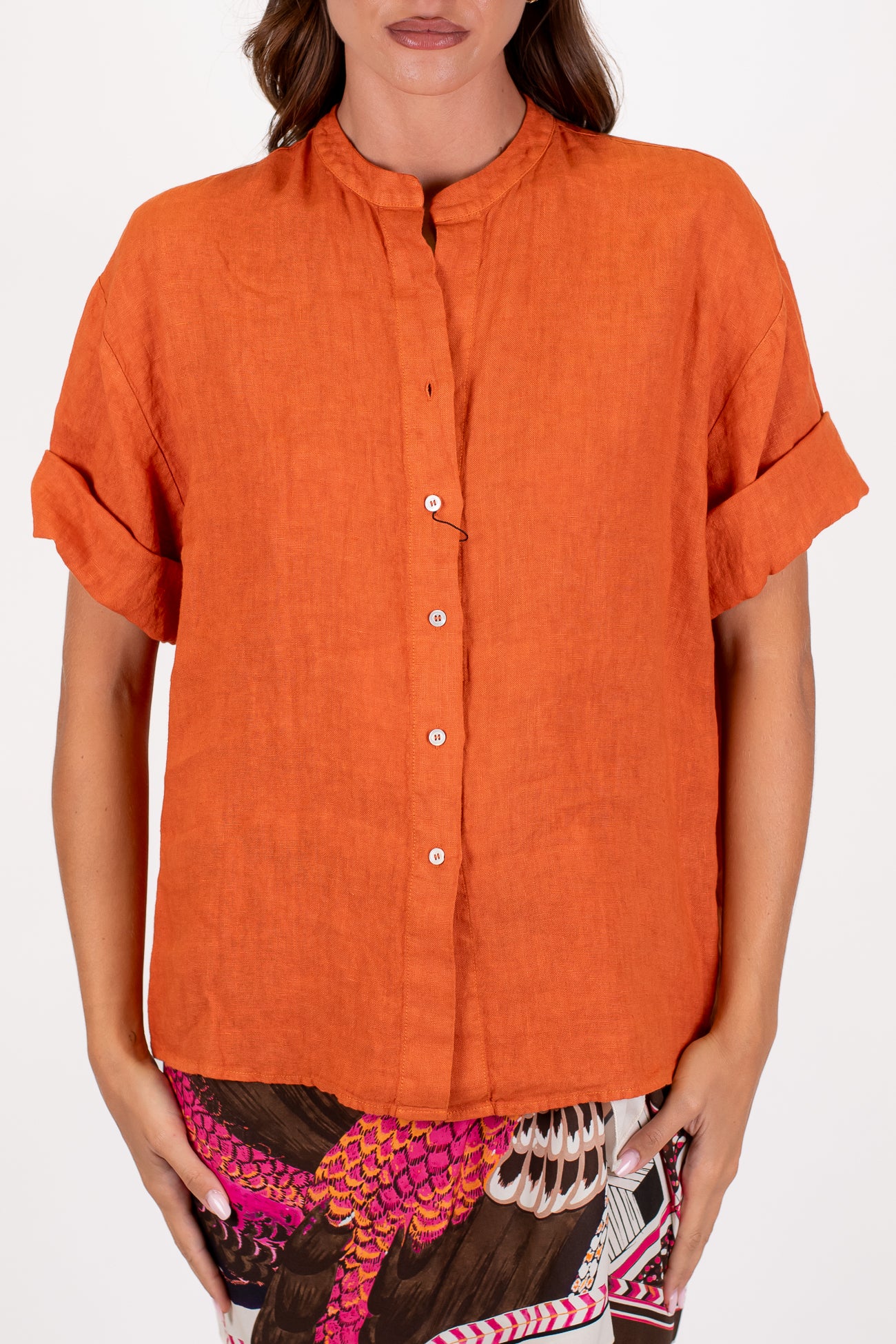 Dixie - Camicia mezzamanica in puro lino con collo coreano