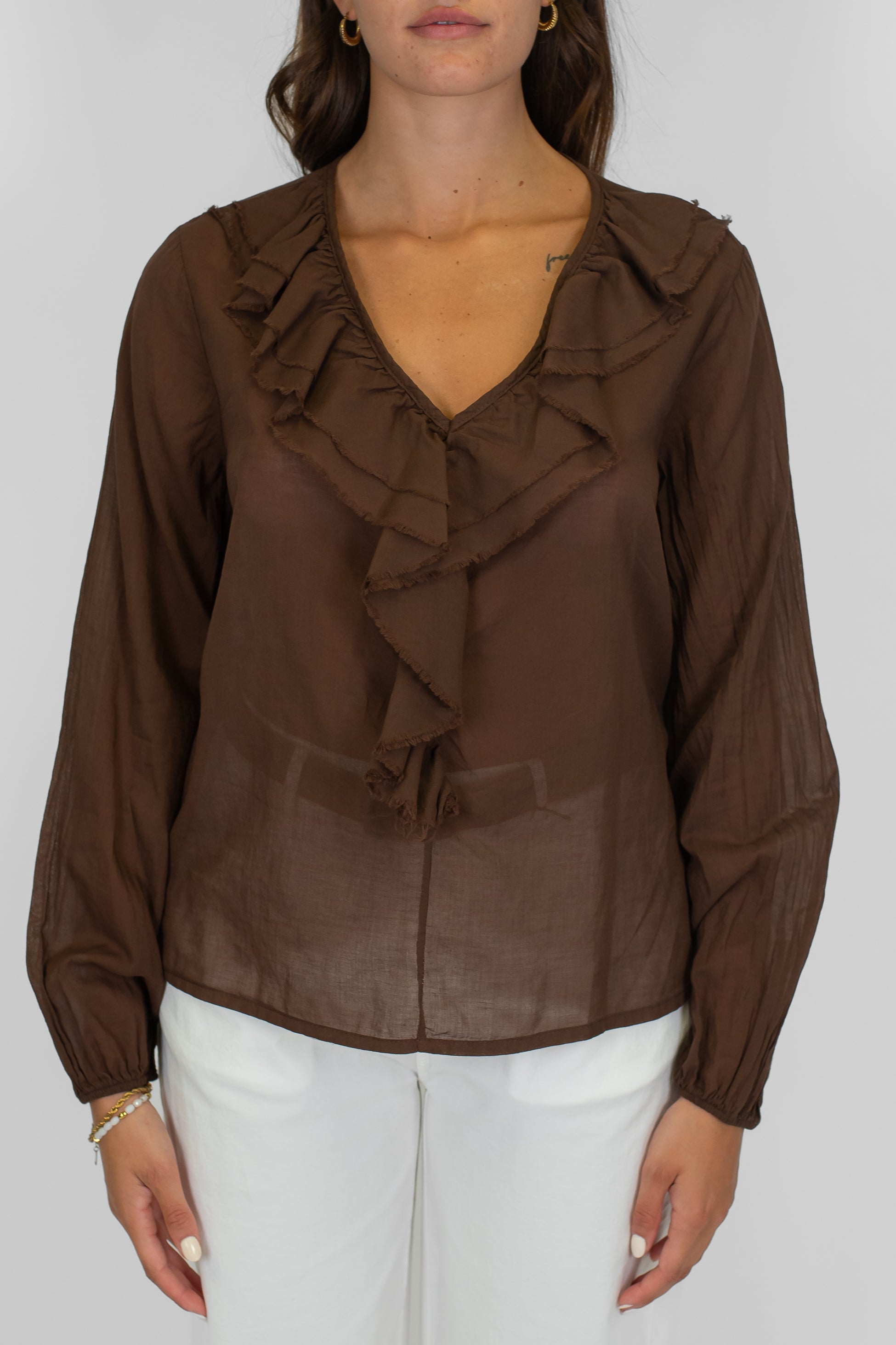 DIxie - Camicia in mussola di cotone scollo a v con rouches