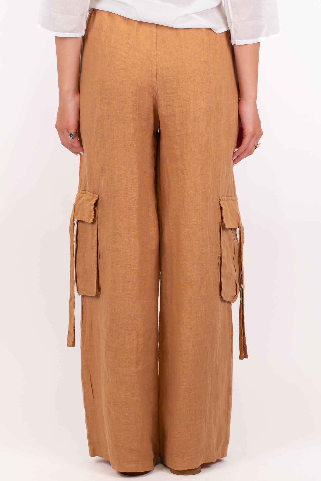 Haveone - Pantalone palazzo cargo in puro lino con elastico in vita
