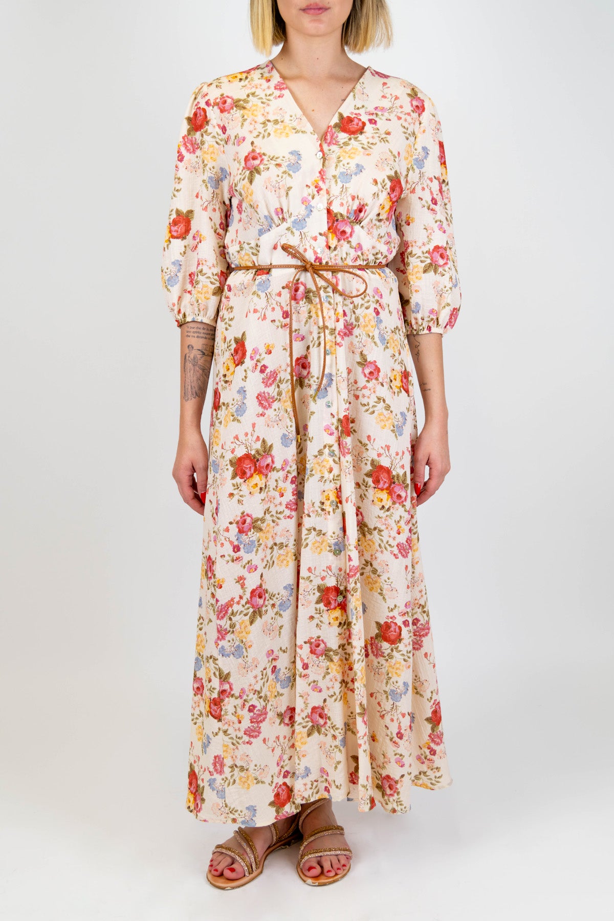 Tensione in - Chemisier fantasia floreale in viscosa con scollo a V ed elastico in vita