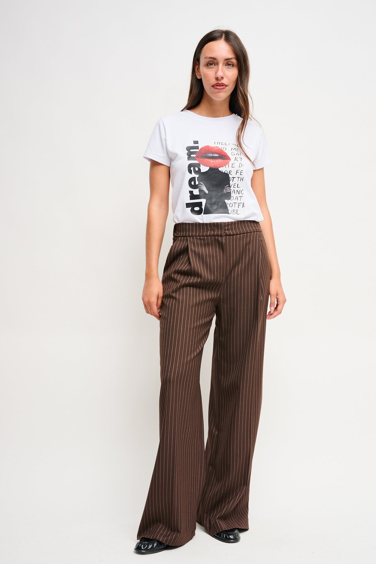 Maryley - Pantalone palazzo gessato con elastico in vita