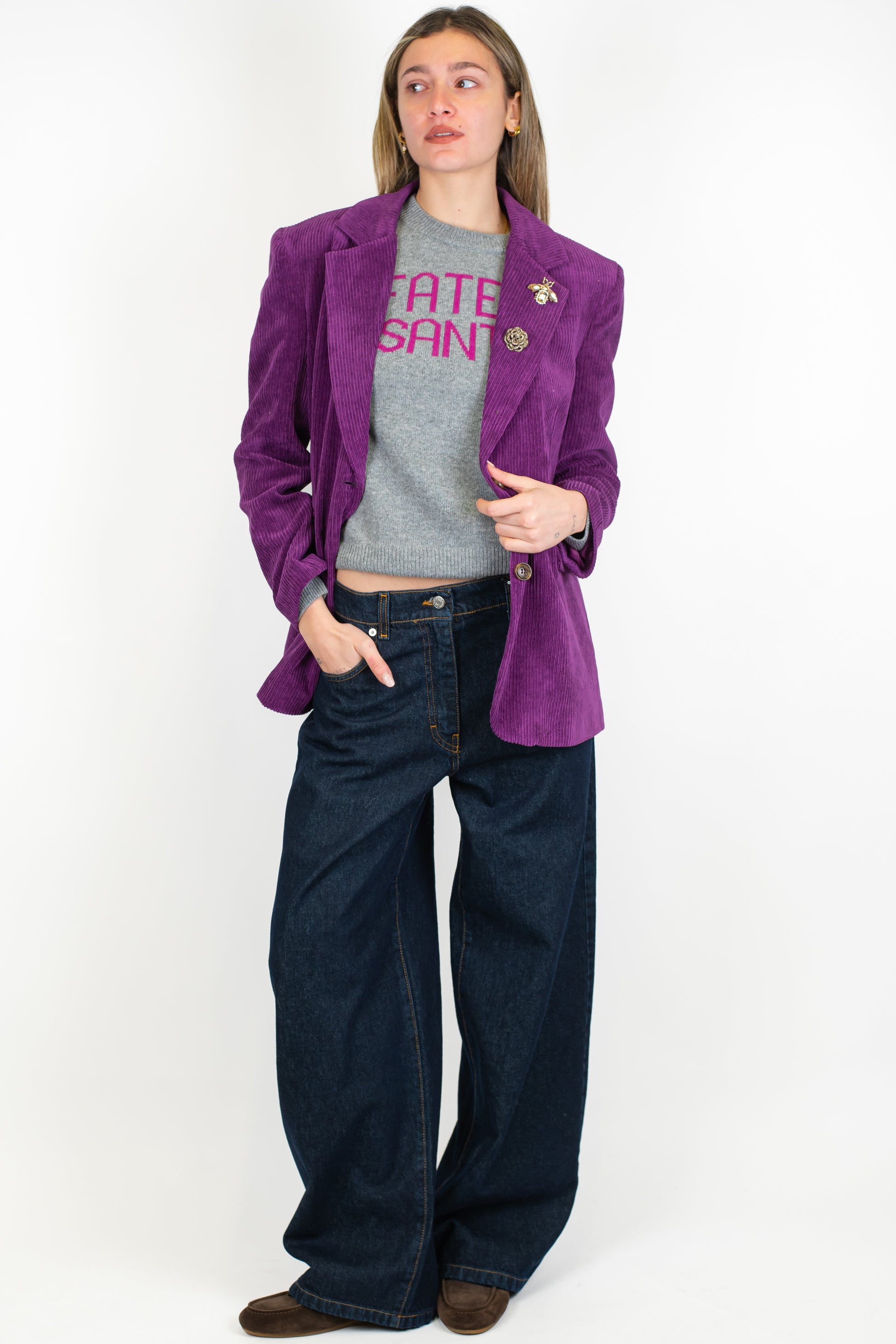 Motel - Giacca monopetto in velluto a coste con spille sul rever