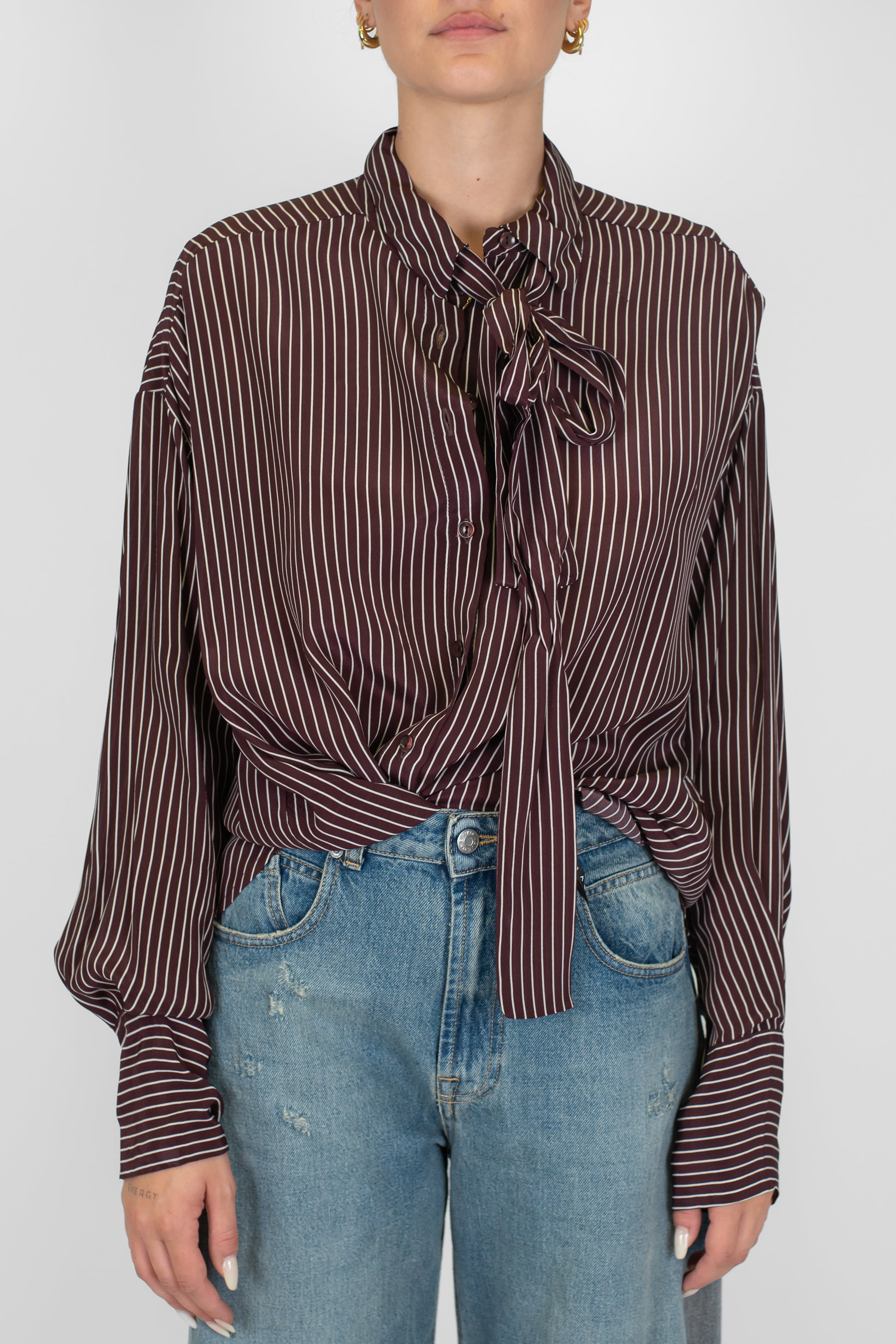 Motel - Camicia fantasia righe in viscosa con fiocco al collo