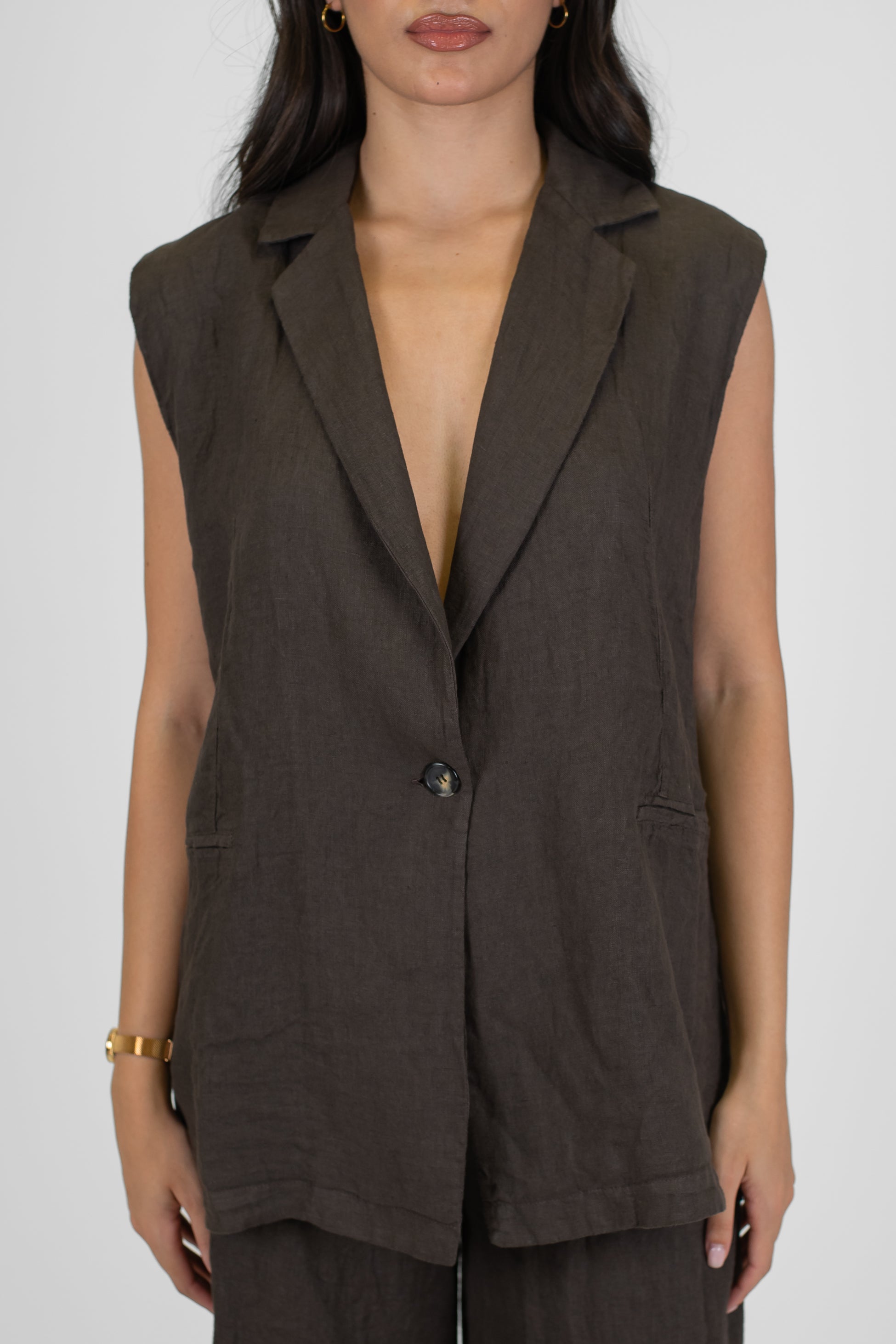 Haveone - Gilet lungo in puro lino con chiusura ad un bottone