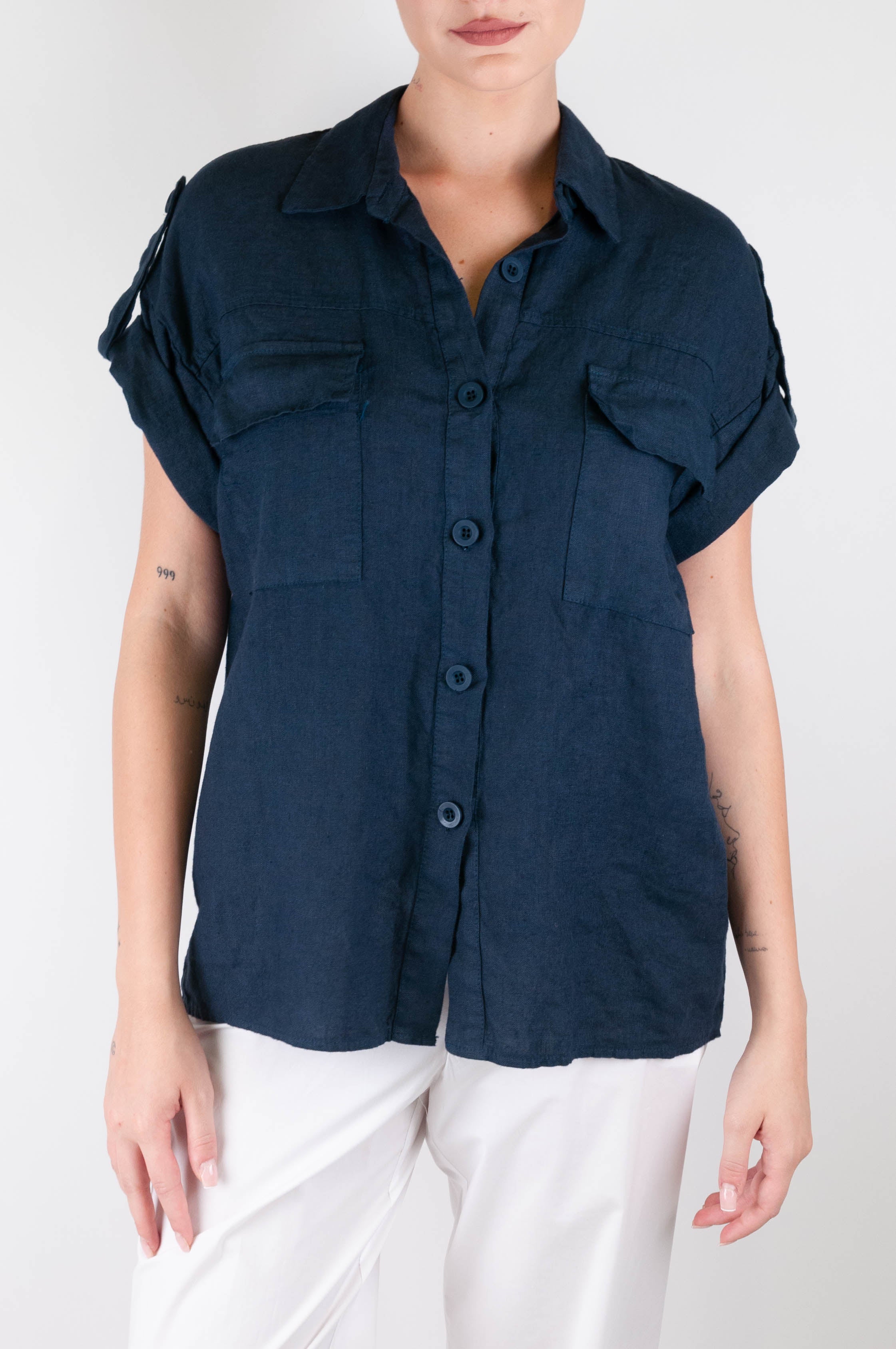 Motel - Camicia mezza manica 100% lino con taschini sul petto