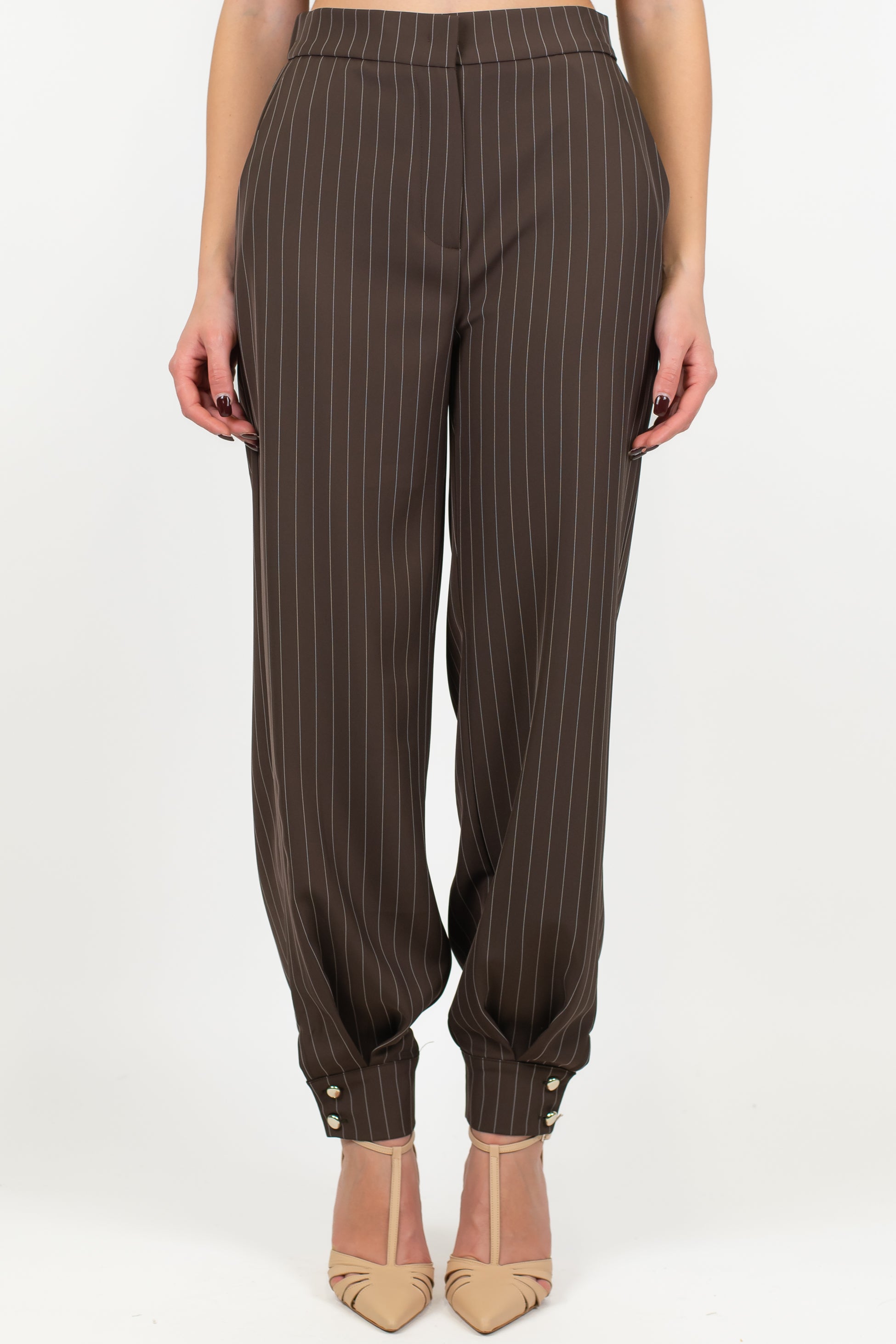 Maryley - Pantalone regular gessato con elastico sul retro e bottoni sul fondo