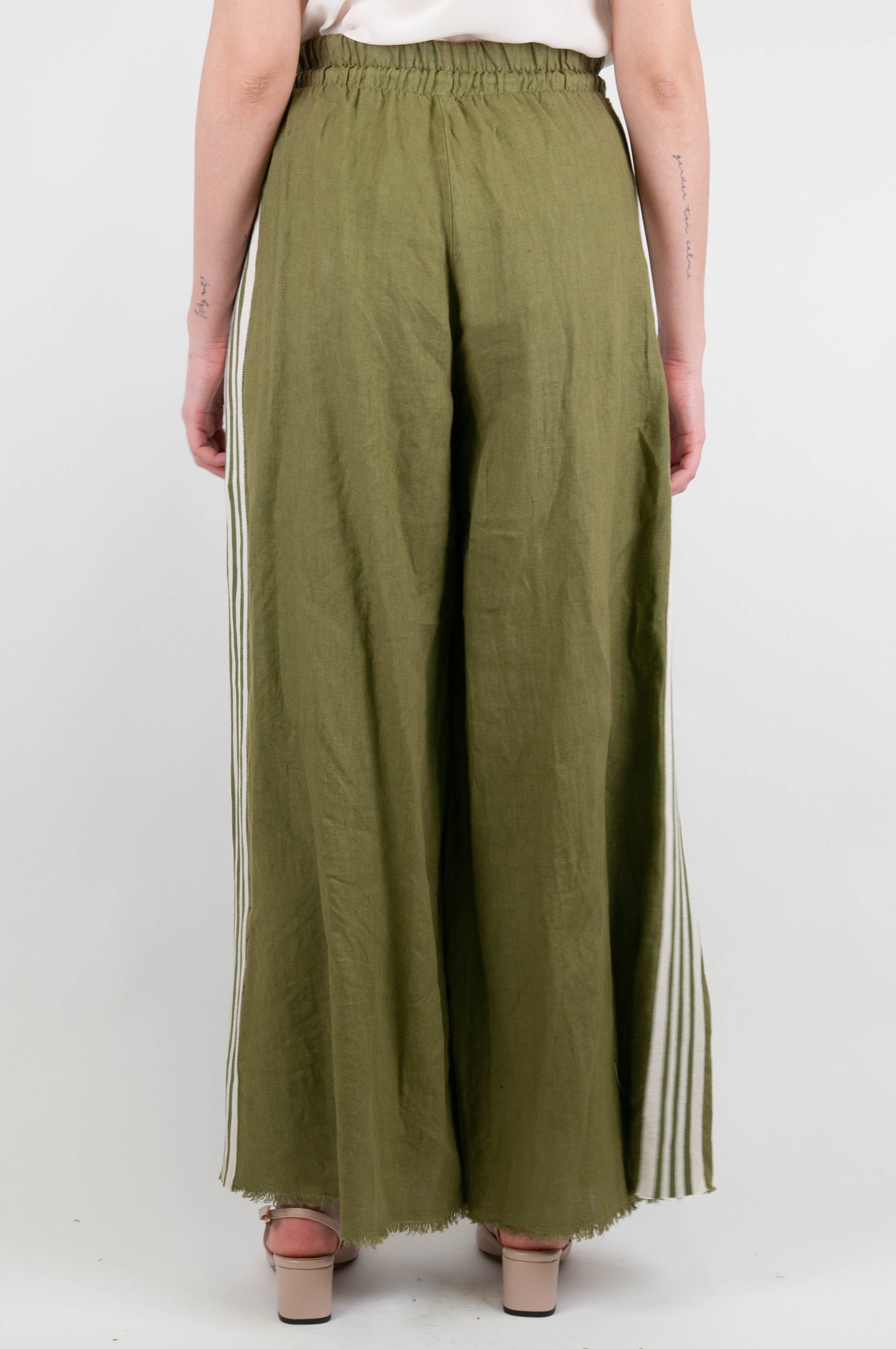 Motel - Pantalone palazzo in lino con coulisse e banda laterale