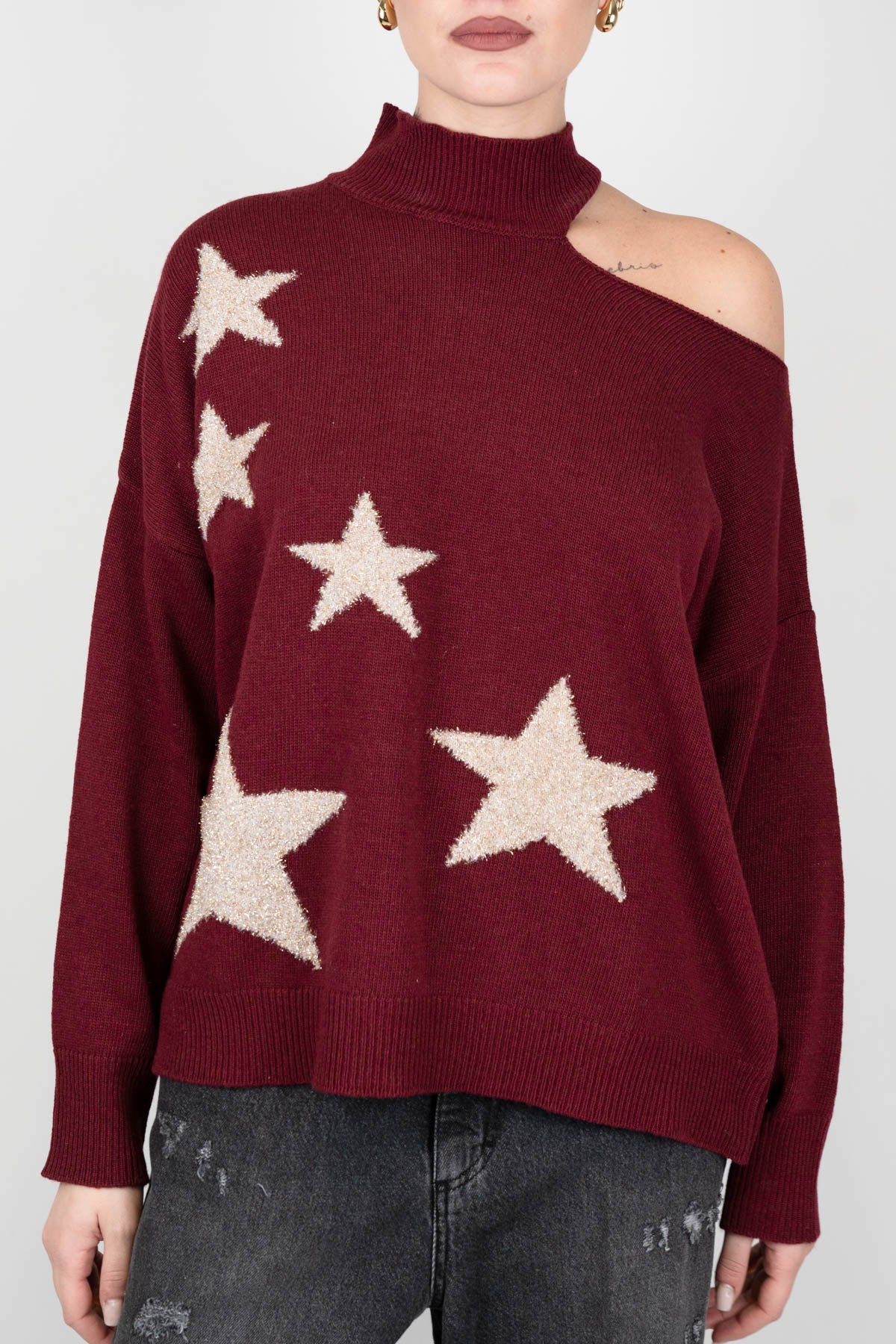 Motel - Maglia fantasia stelle lurex in misto lana e cashmere con foro sulla spalla