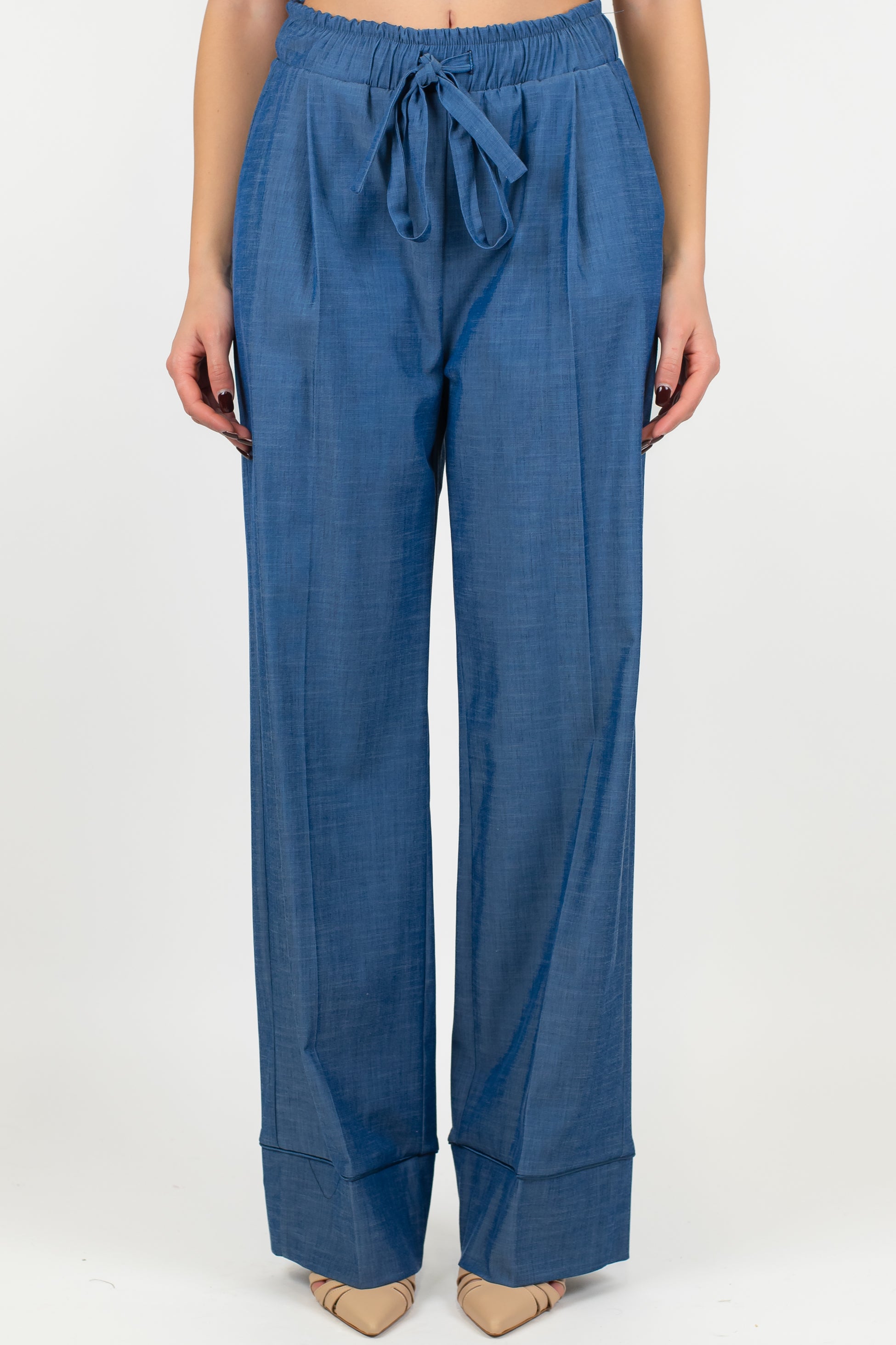 Maryley - Pantalone palazzo effetto denim con coulisse e risvolto sul fondo