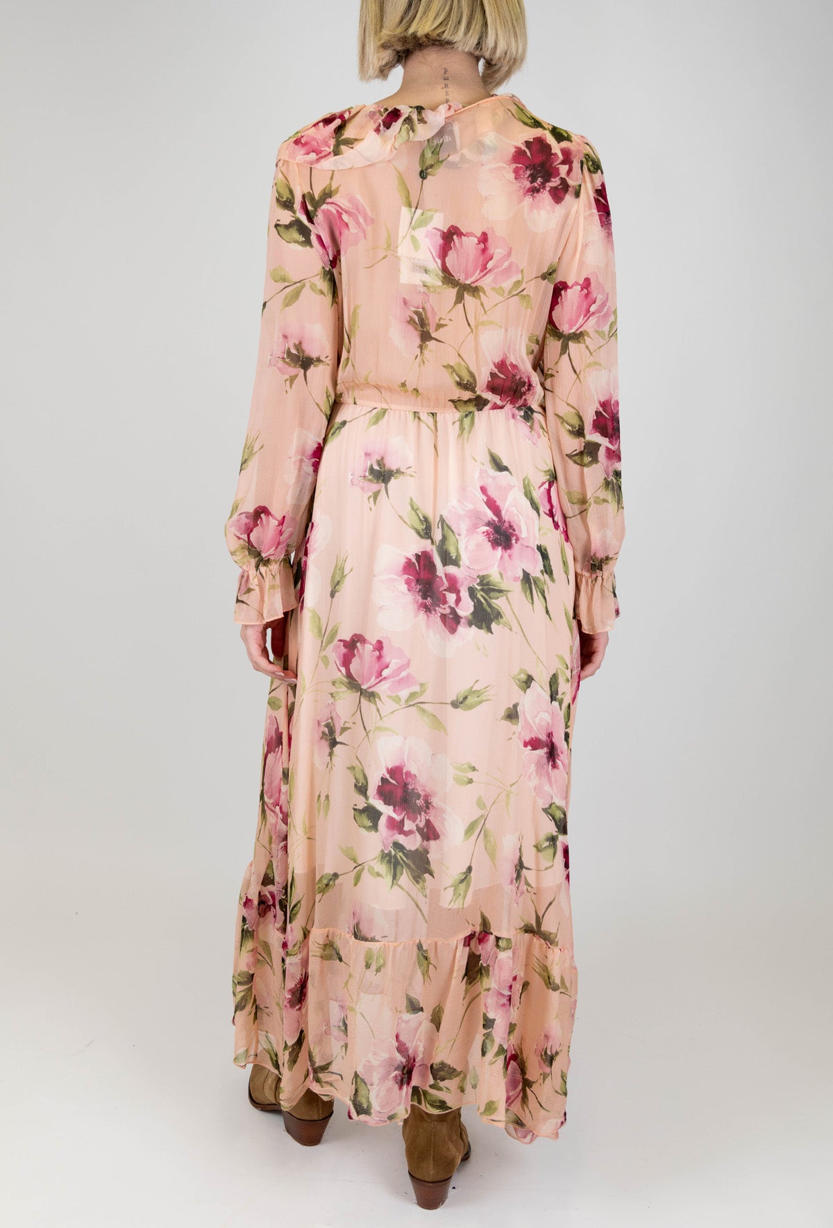 Dixie - Abito lungo fantasia floreale in viscosa con scollo a V con rouches