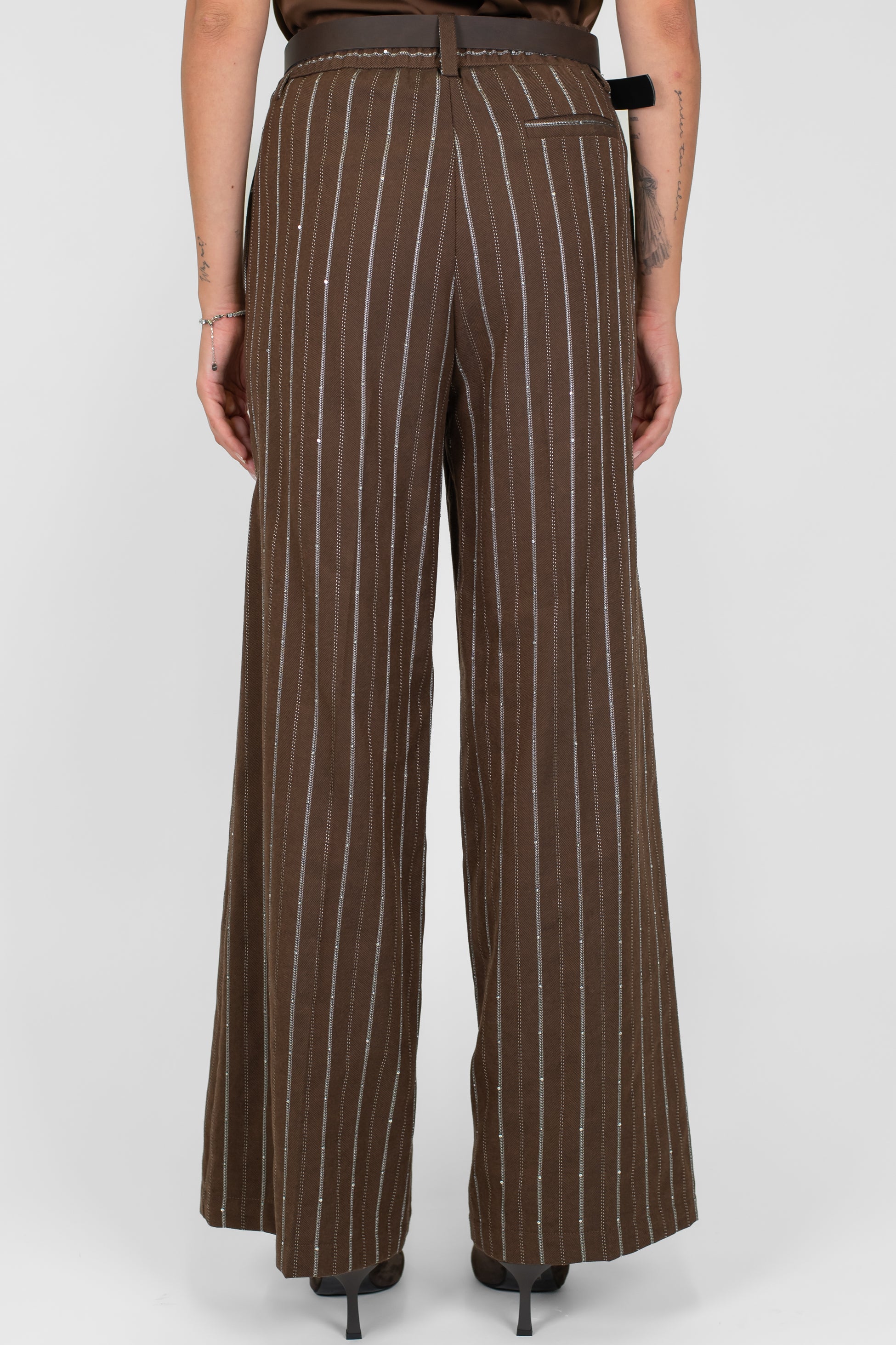 Motel - Pantalone palazzo gessato con paillettes