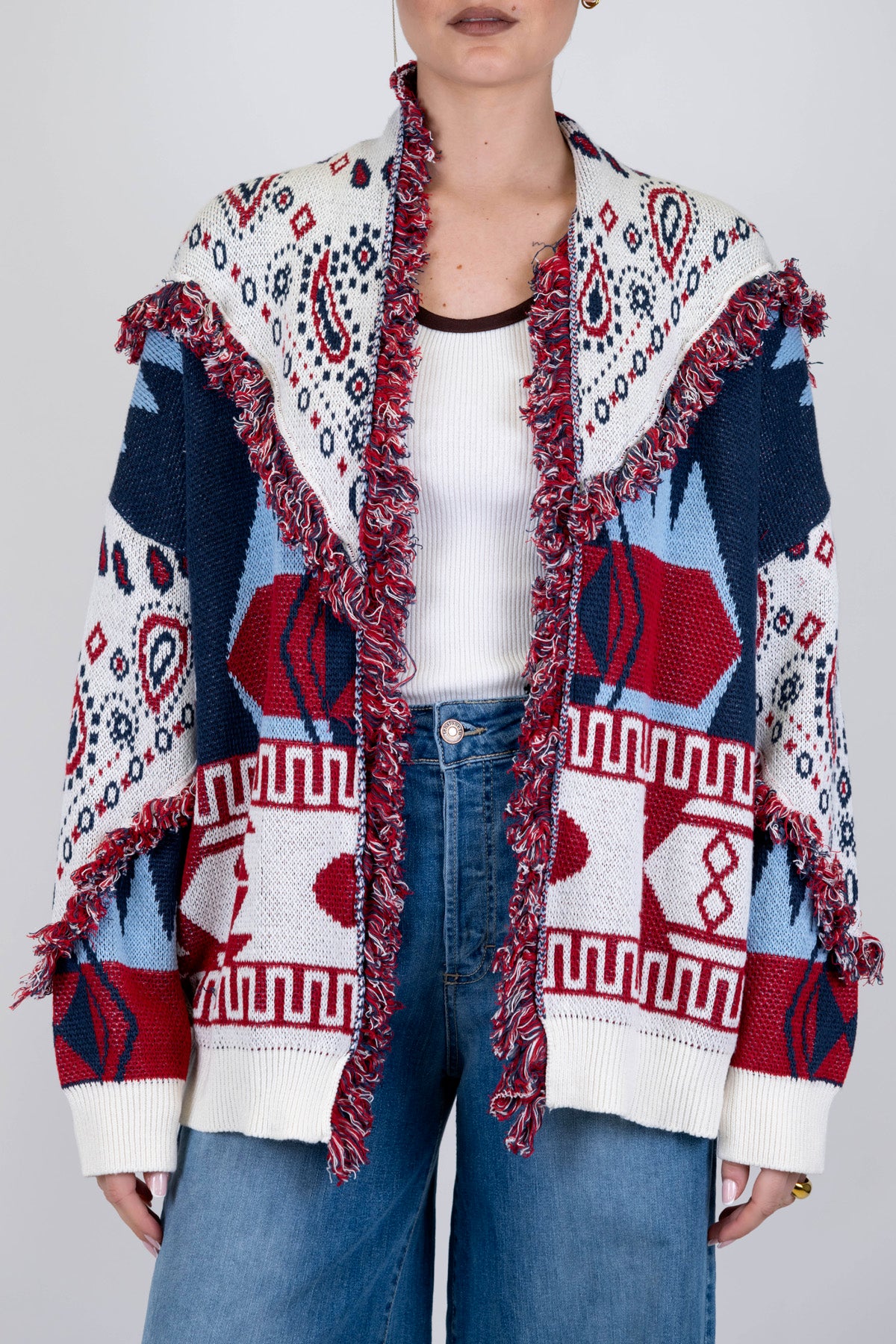 Tensione in - Cardigan fantasia astratta profilo con frange