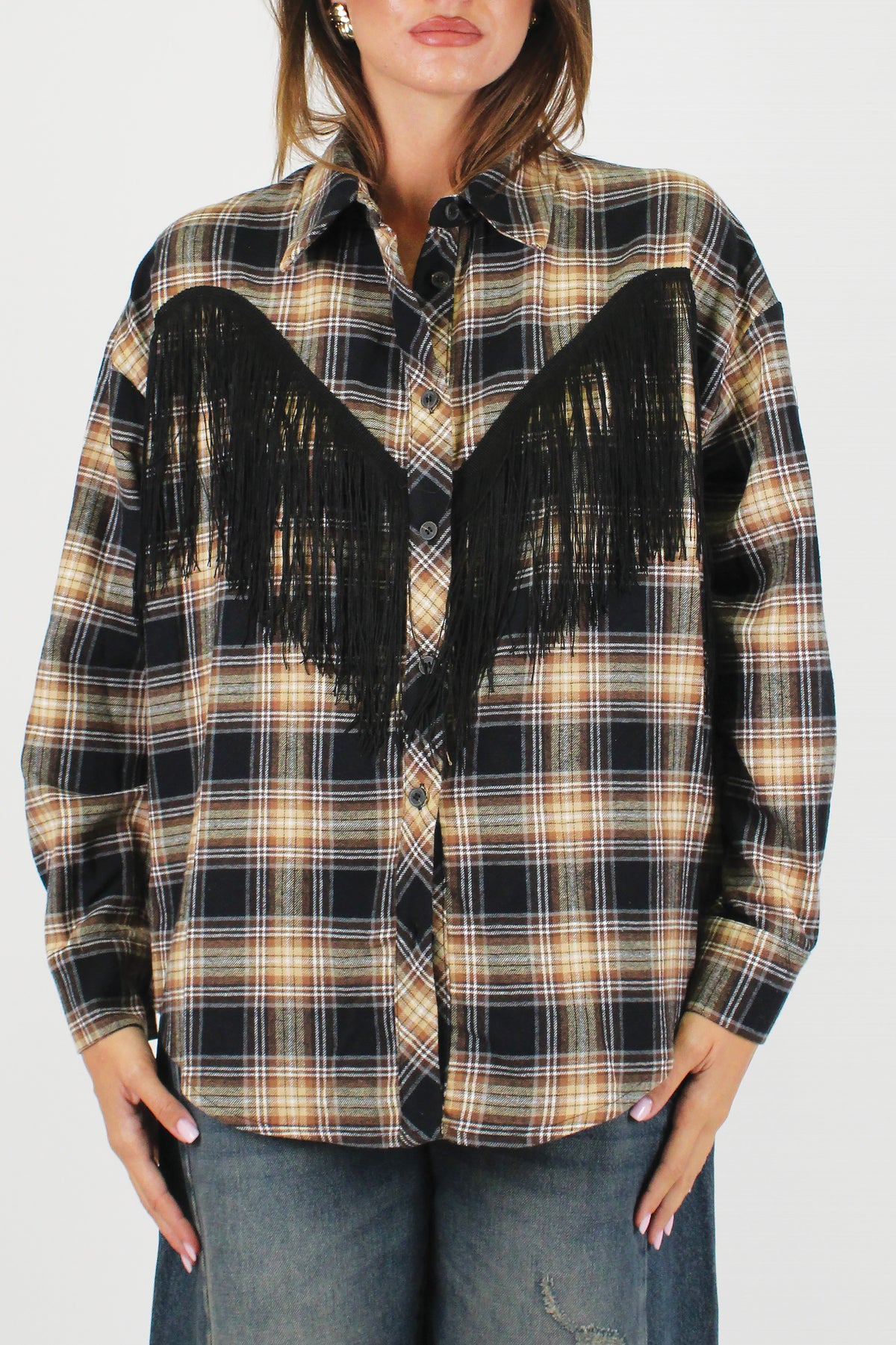 Tensione in - Camicia over fantasia check con frange fronte-retro