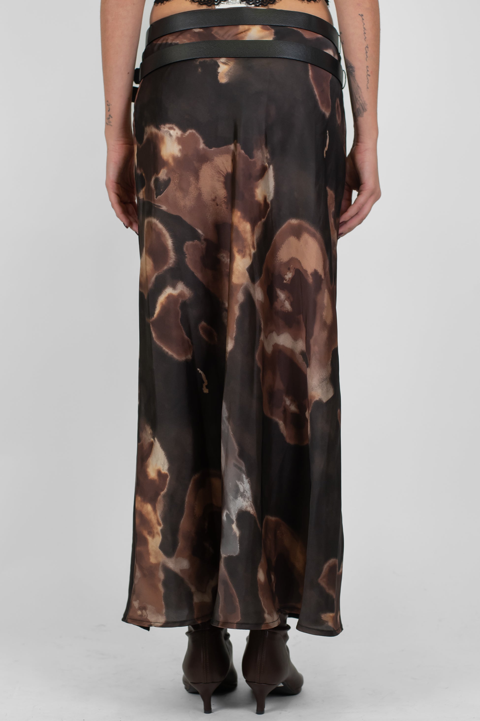 Haveone - Gonna in satin fantasia astratta con doppia cintura