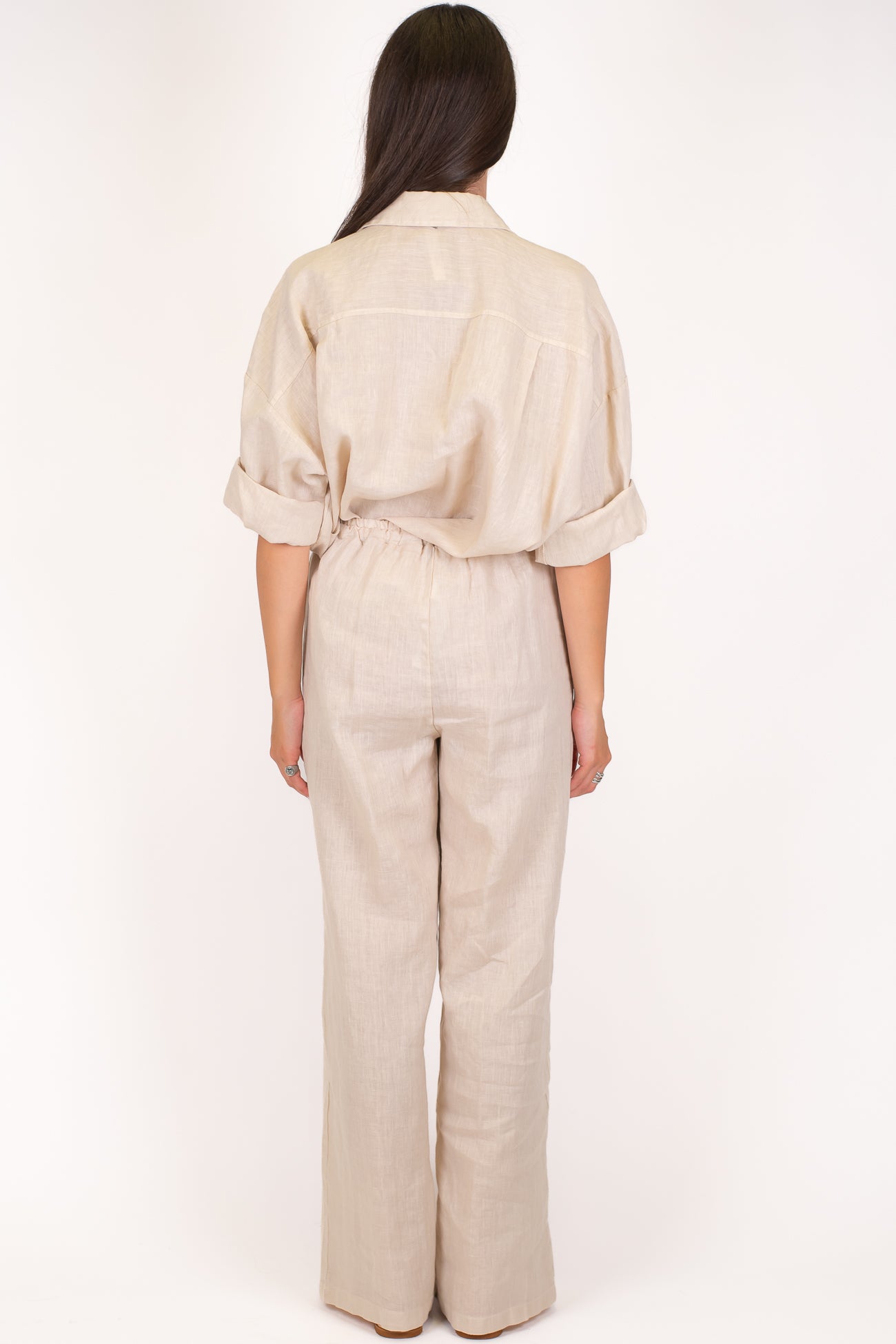 Dixie - Coordinato in puro lino camicia con taschino e pantalone palazzo con coulisse