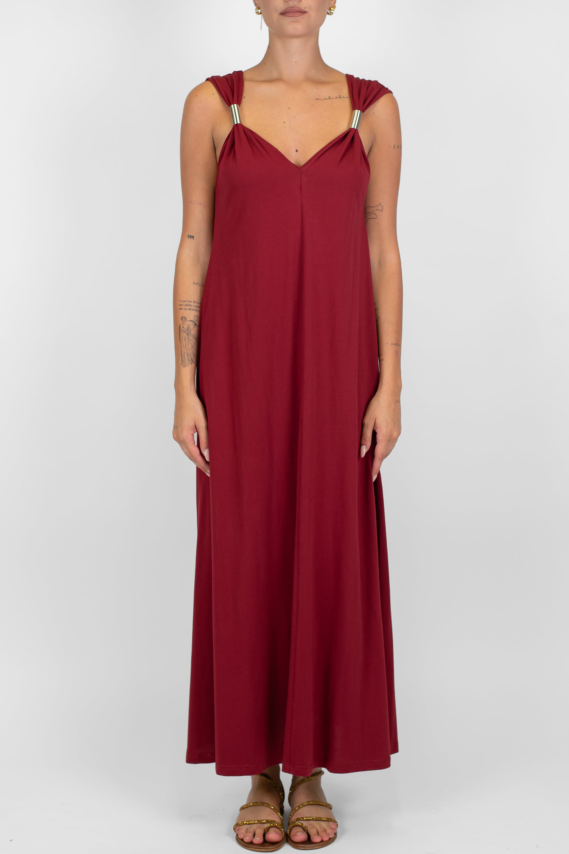 Motel - Abito lungo in cotone con applicazioni sulle spalline