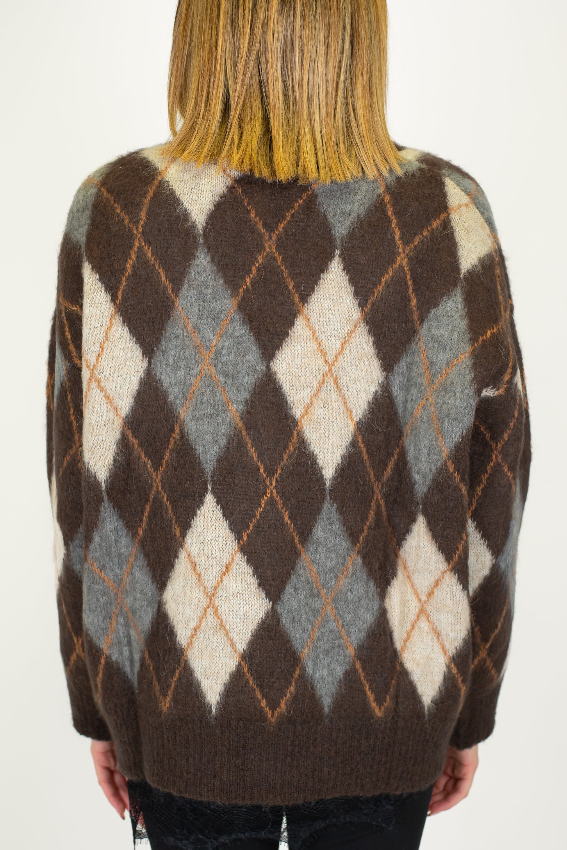 Tensione in - Cardigan over fantasia rombi a contrasto in misto lana