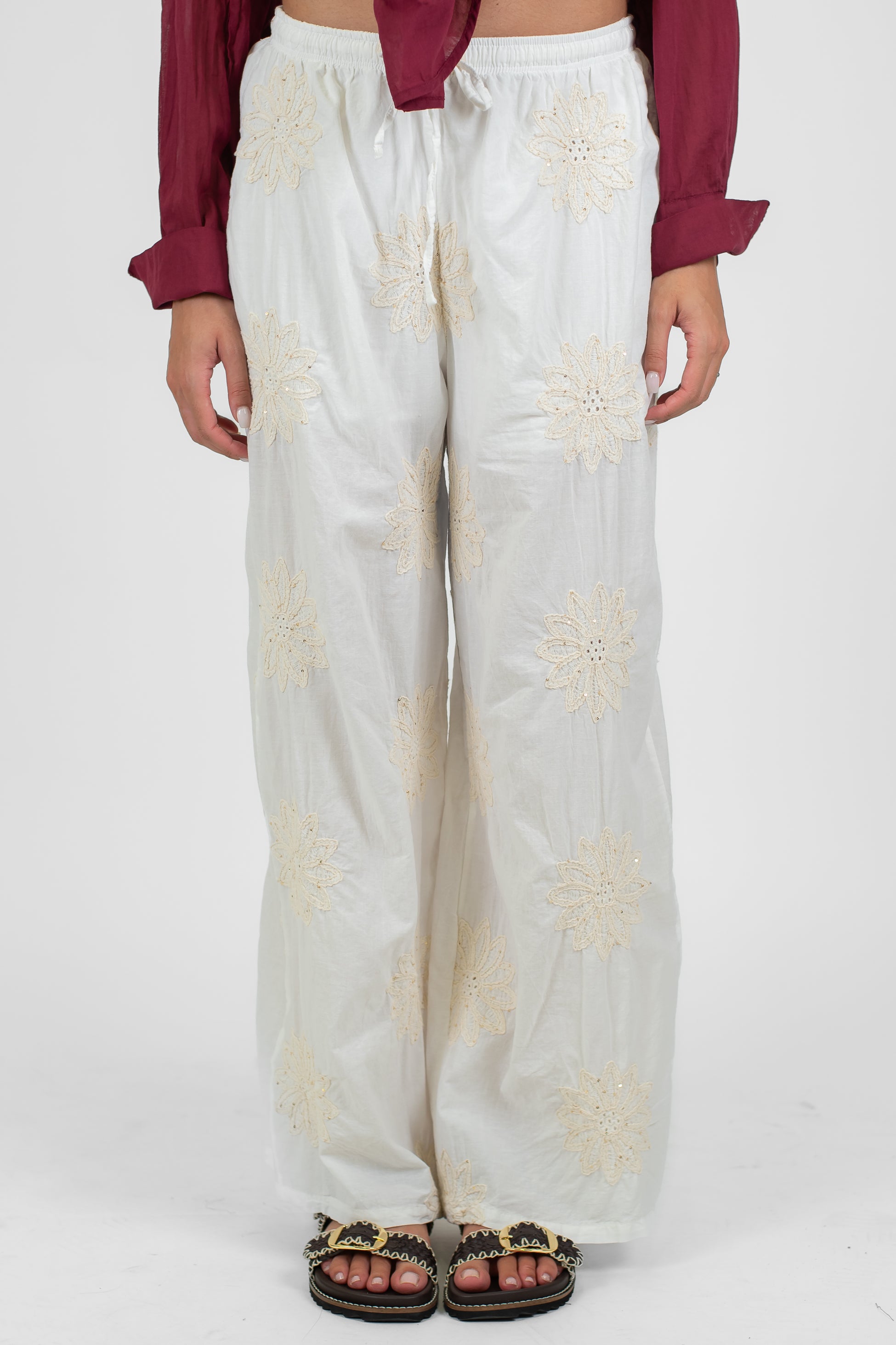 Haveone - Pantalone palazzo con ricami in pizzo sangallo e coulisse