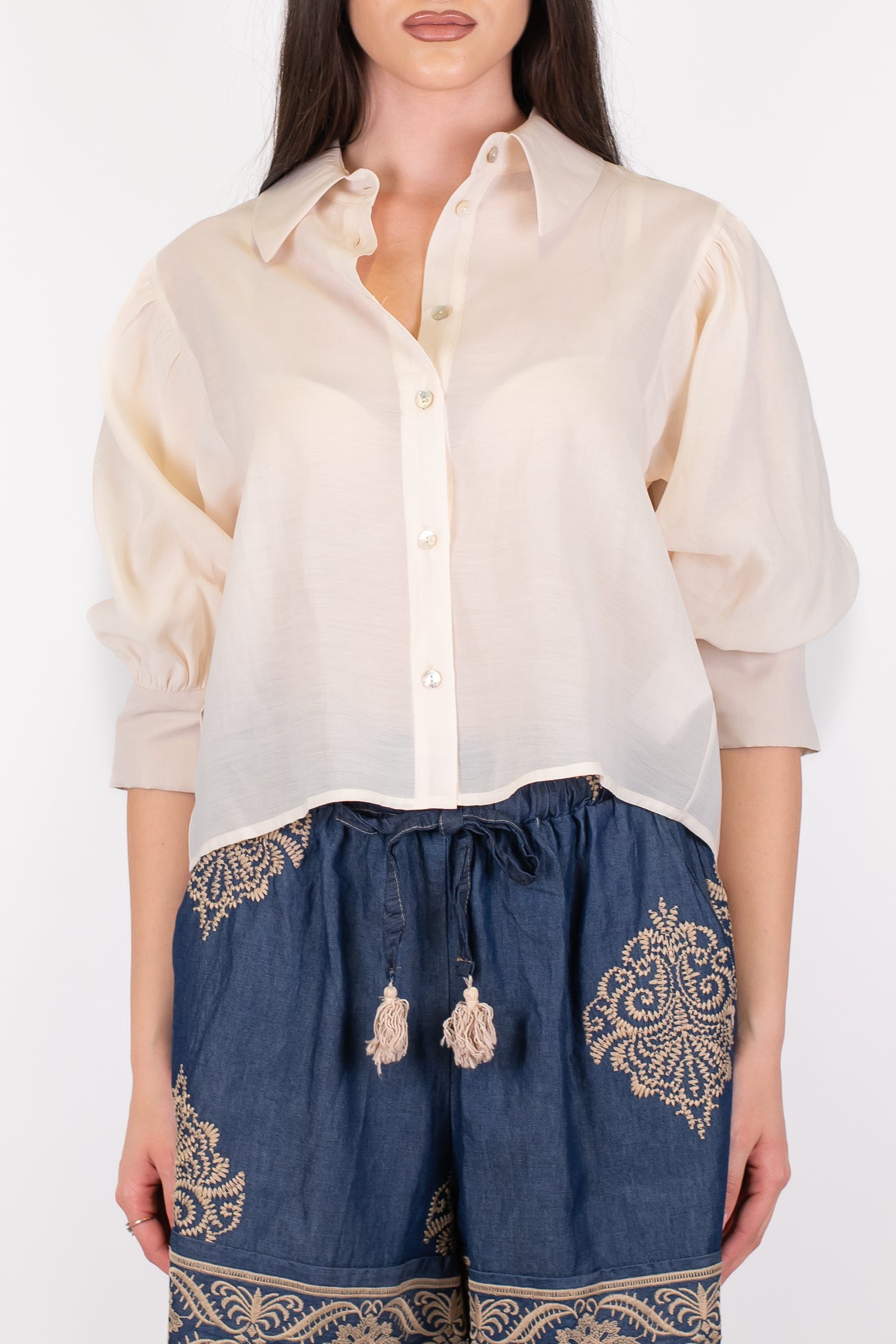Motel - Camicia in lyocell con manica tre quarti a palloncino