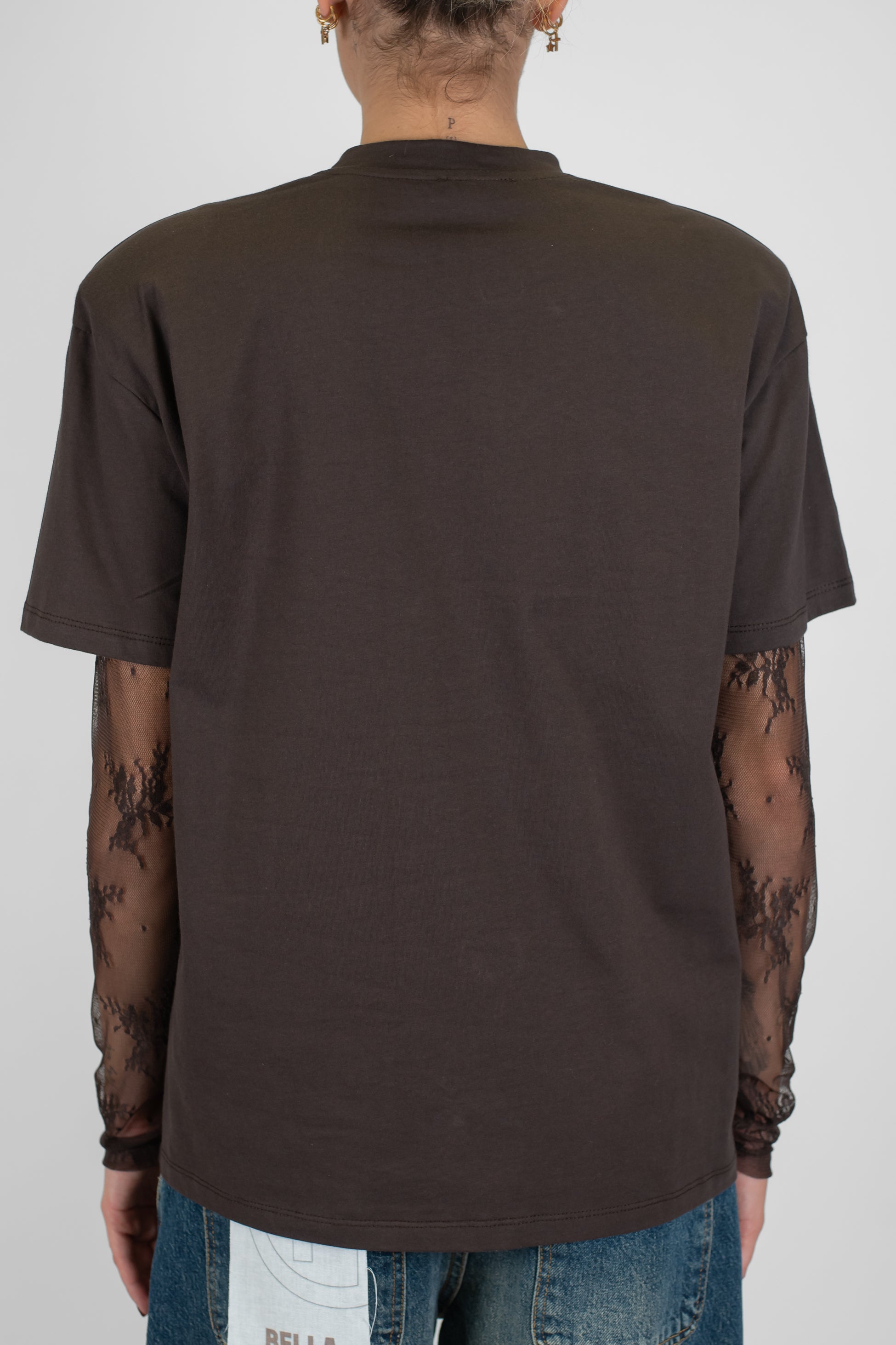 Dixie - T-shirt girocollo in cotone con spalline e maniche in pizzo