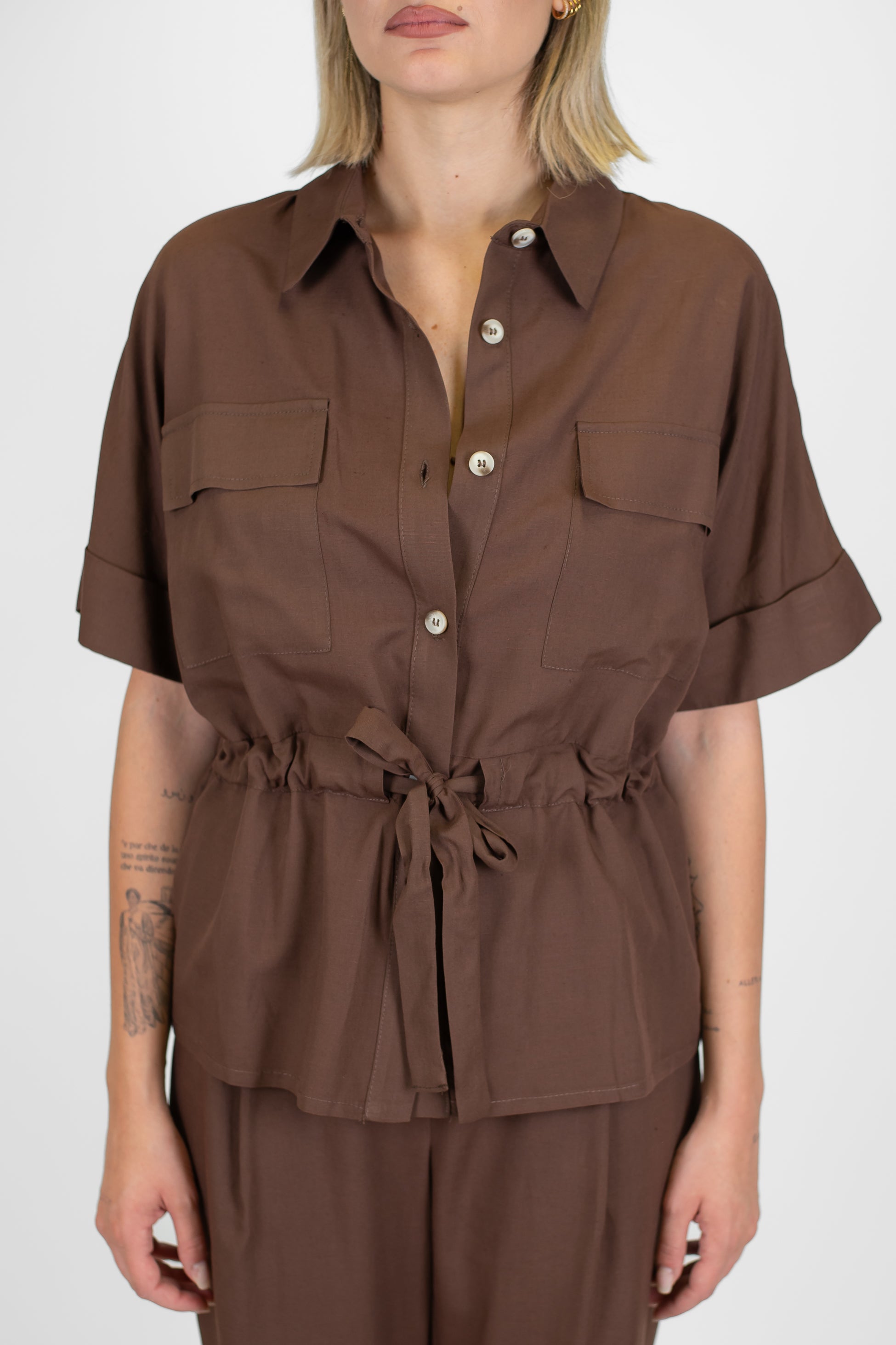 Motel - Coordinato camicia e pantalone in misto lino con elastico con in vita