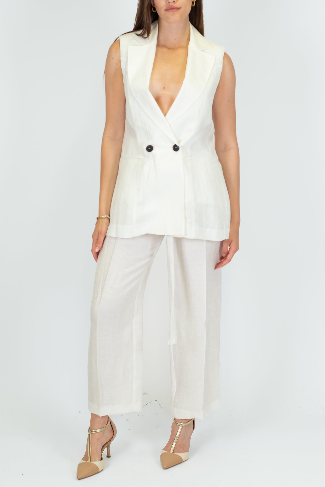 Maryley - Pantalone regular in misto lino con pinces e cintura in tessuto