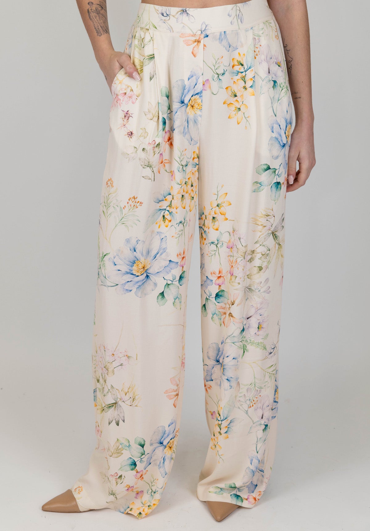 Dixie - Pantalone palazzo fantasia floreale in viscosa con elastico in vita