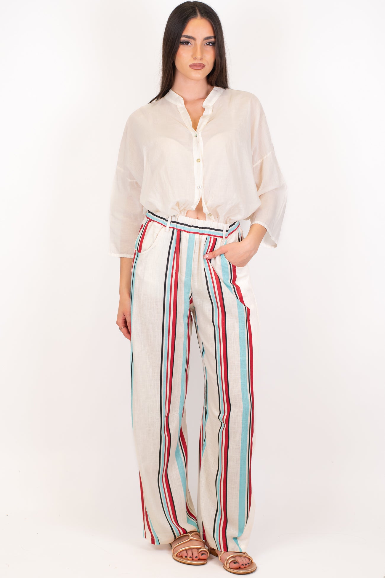 Tensione in - Pantalone regular fantasia righe a contrasto in misto lino con elastico in vita