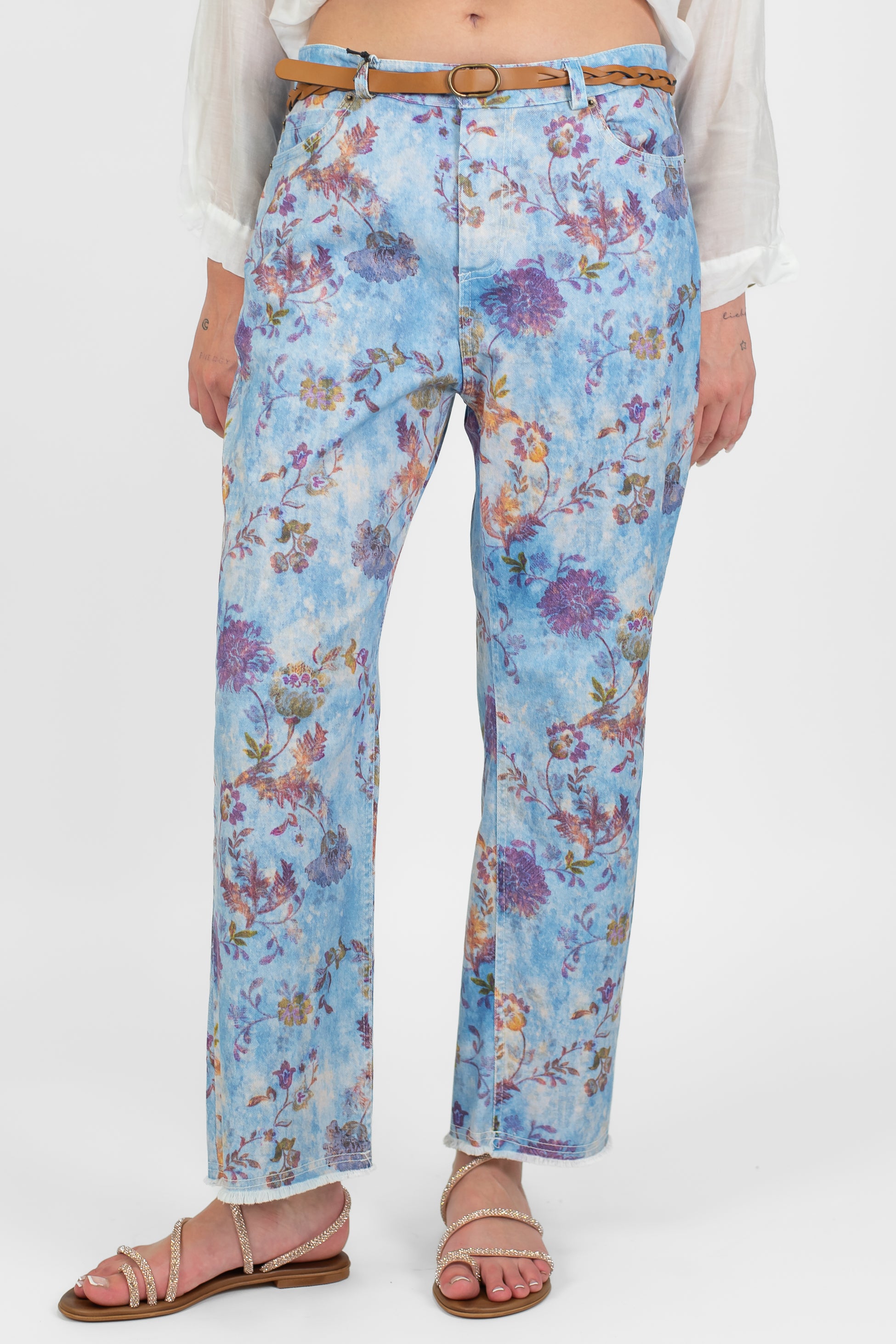 Tensione in - Pantalone fantasia floreale in denim