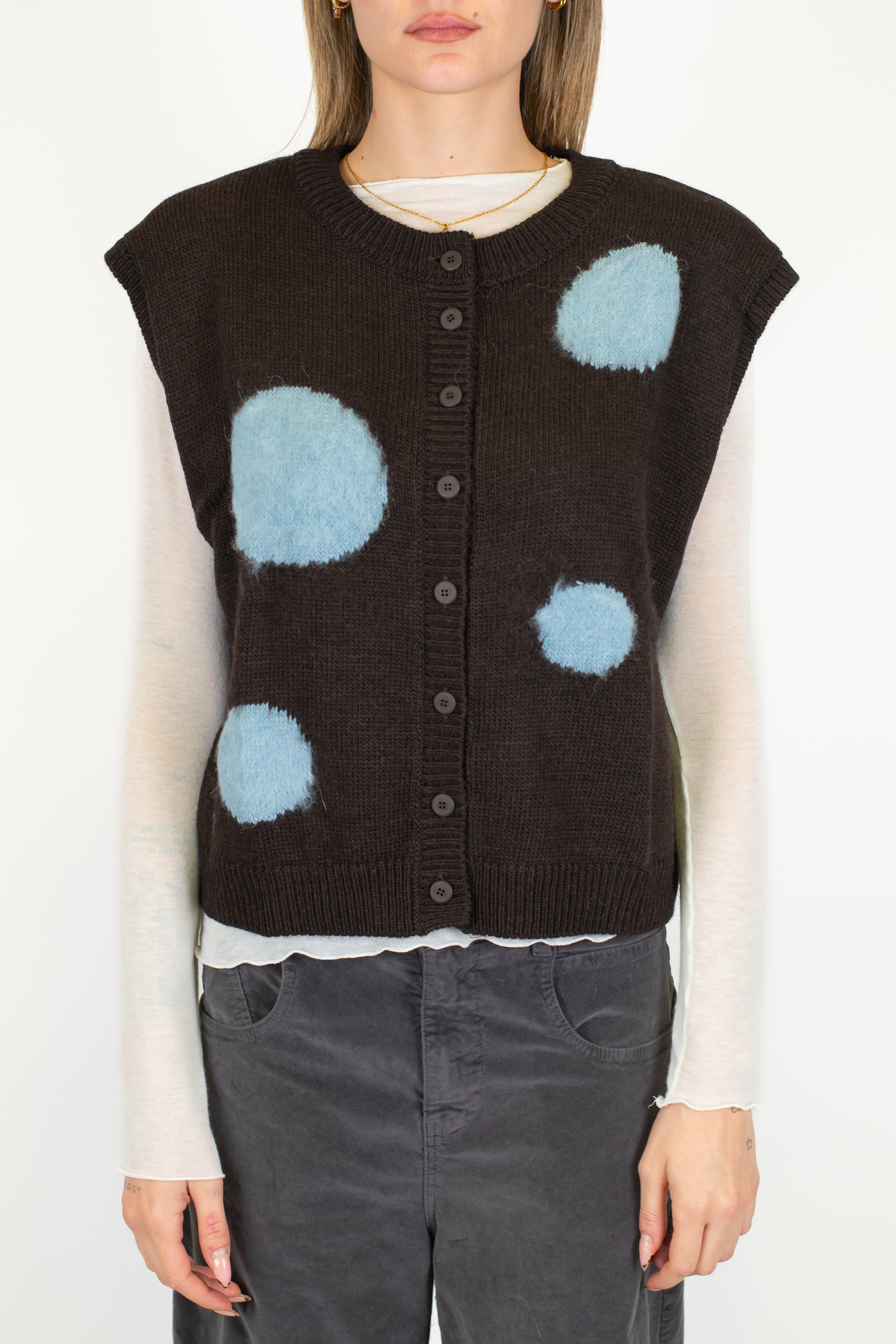 Maryley - Gilet over con spalline e pois contrasto in misto lana con spalline