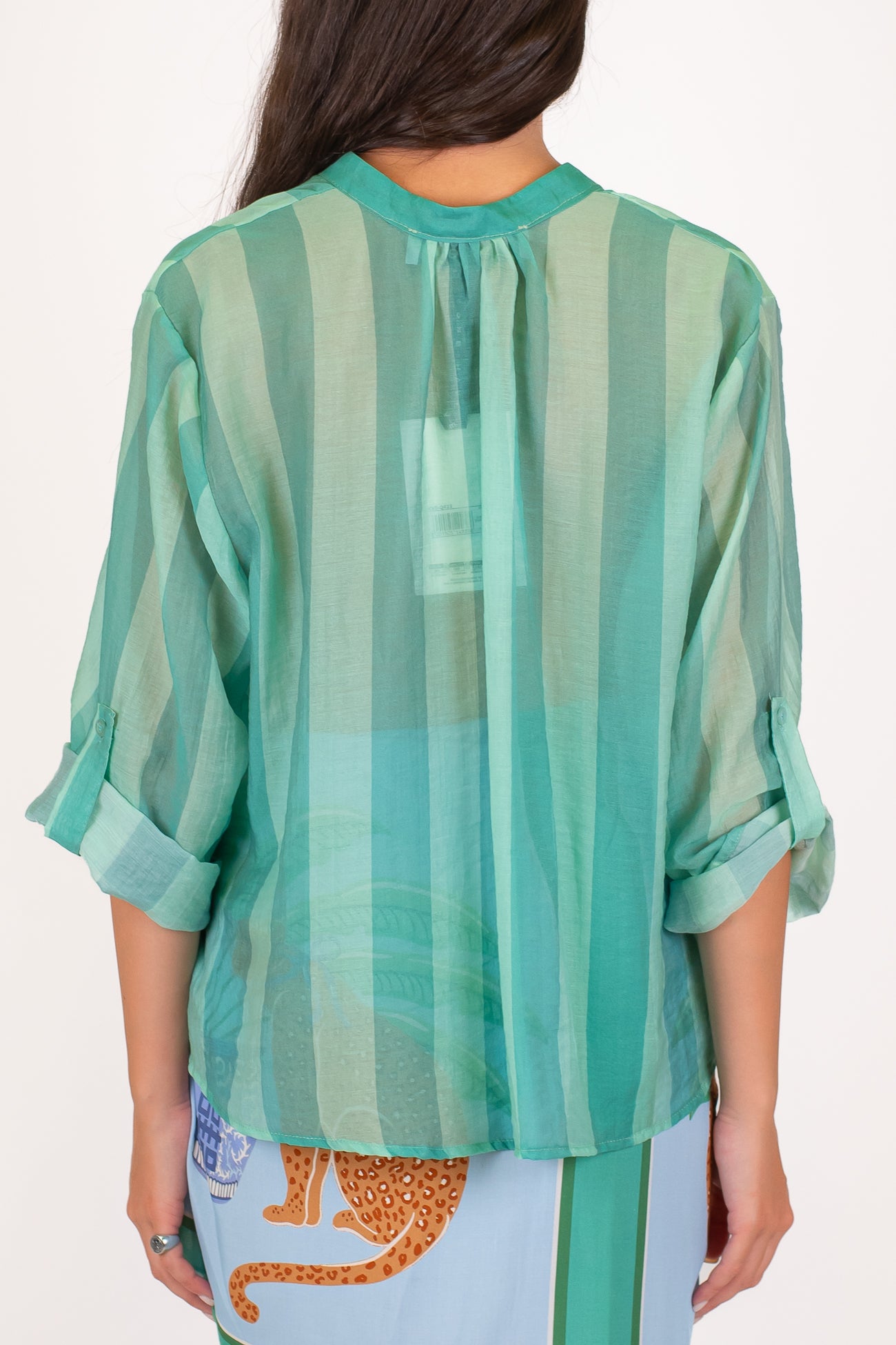 Haveone - Camicia fantasia a righe a contrasto in lyocell con manica tre quarti