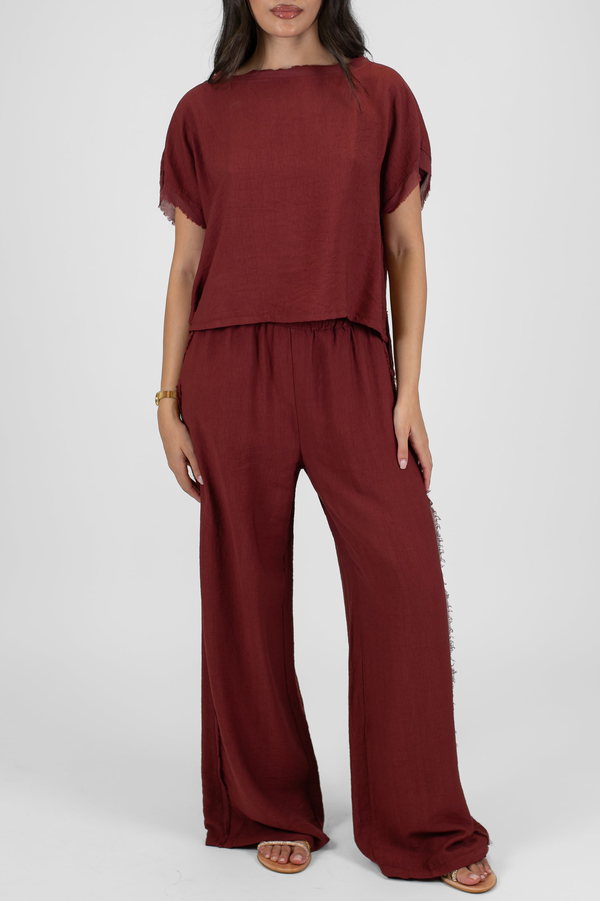 Tensione in - Pantalone palazzo in viscosa leggera con banda laterale sfrangiata ed elastico in vita