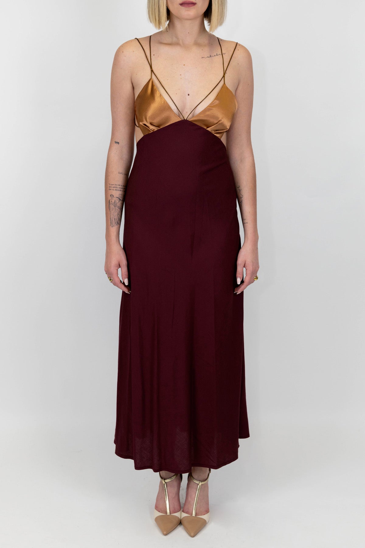 Dixie - Abito lungo in viscosa a contrasto con scollatura e chiusura ad incrocio sul retro