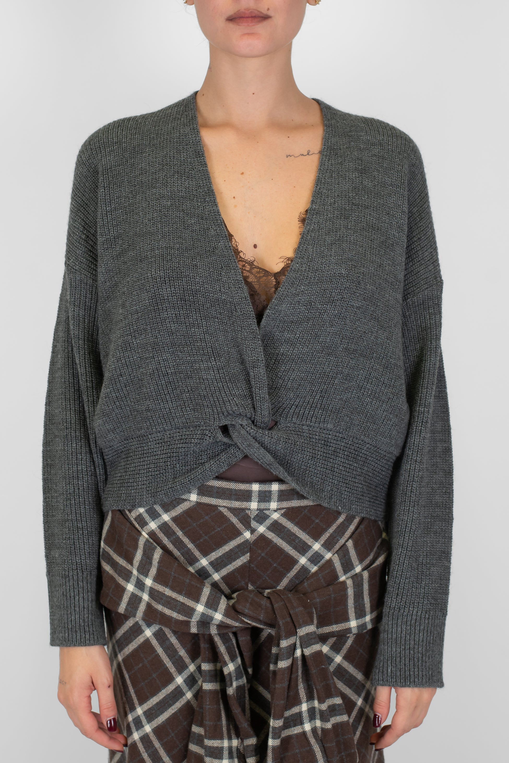 Haveone - Cardigan crop in misto lana scollo a V con chiusura ad incrocio
