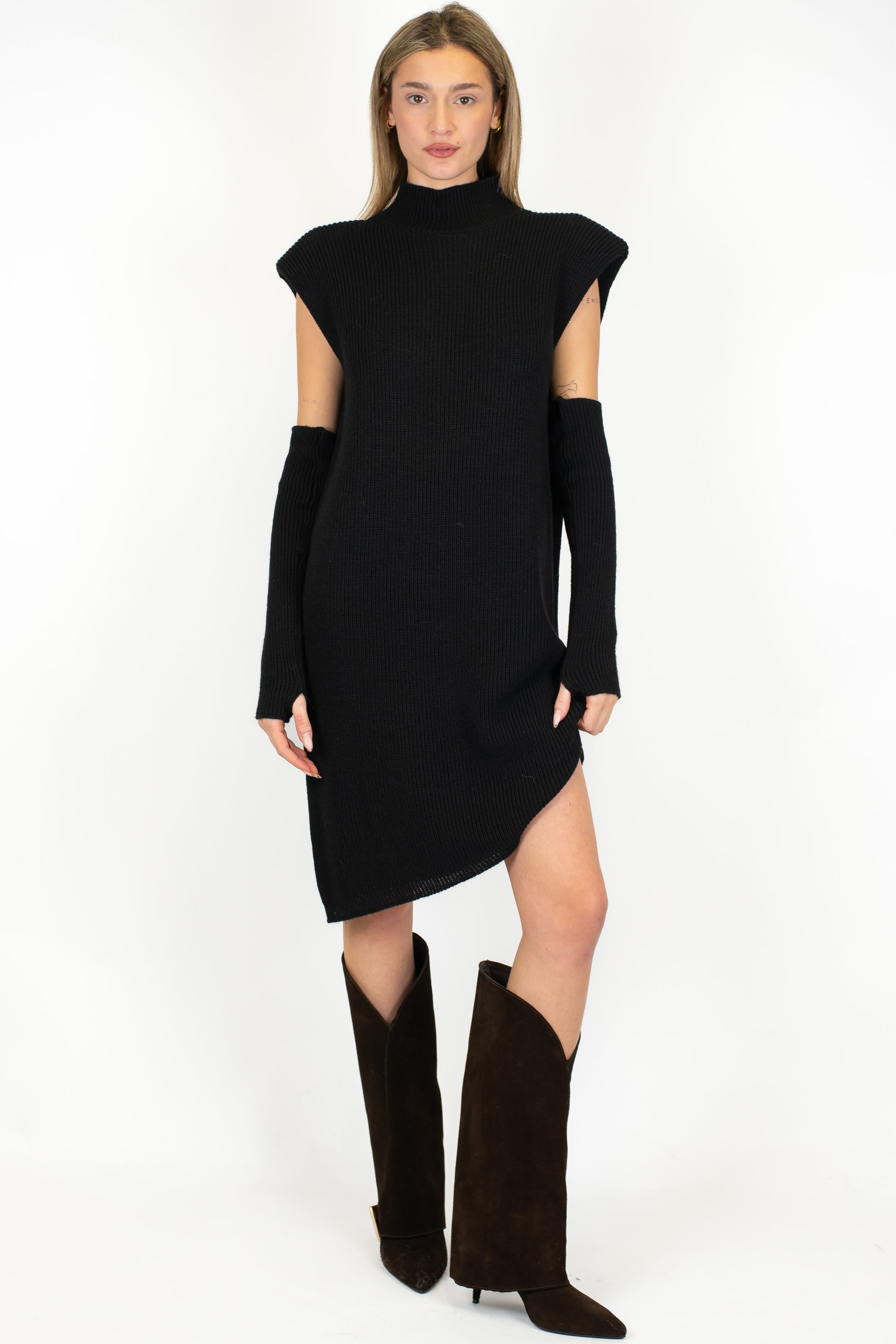 Dixie - Abito corto asimmetrico a coste in misto lana con spalline e manicotti