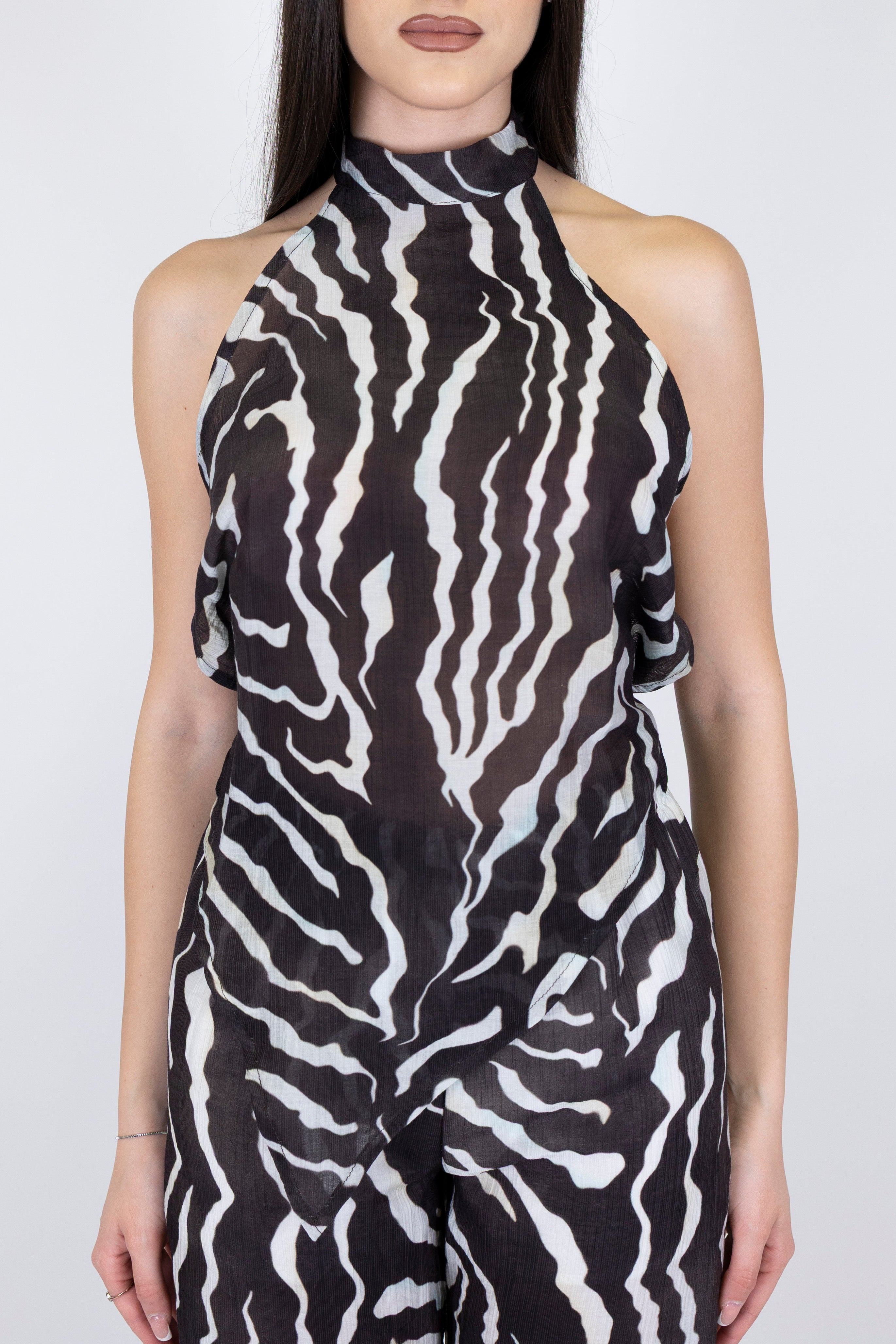 Haveone - Top fantasia animalier in lyocell con scollo americano e scollatura sul retro
