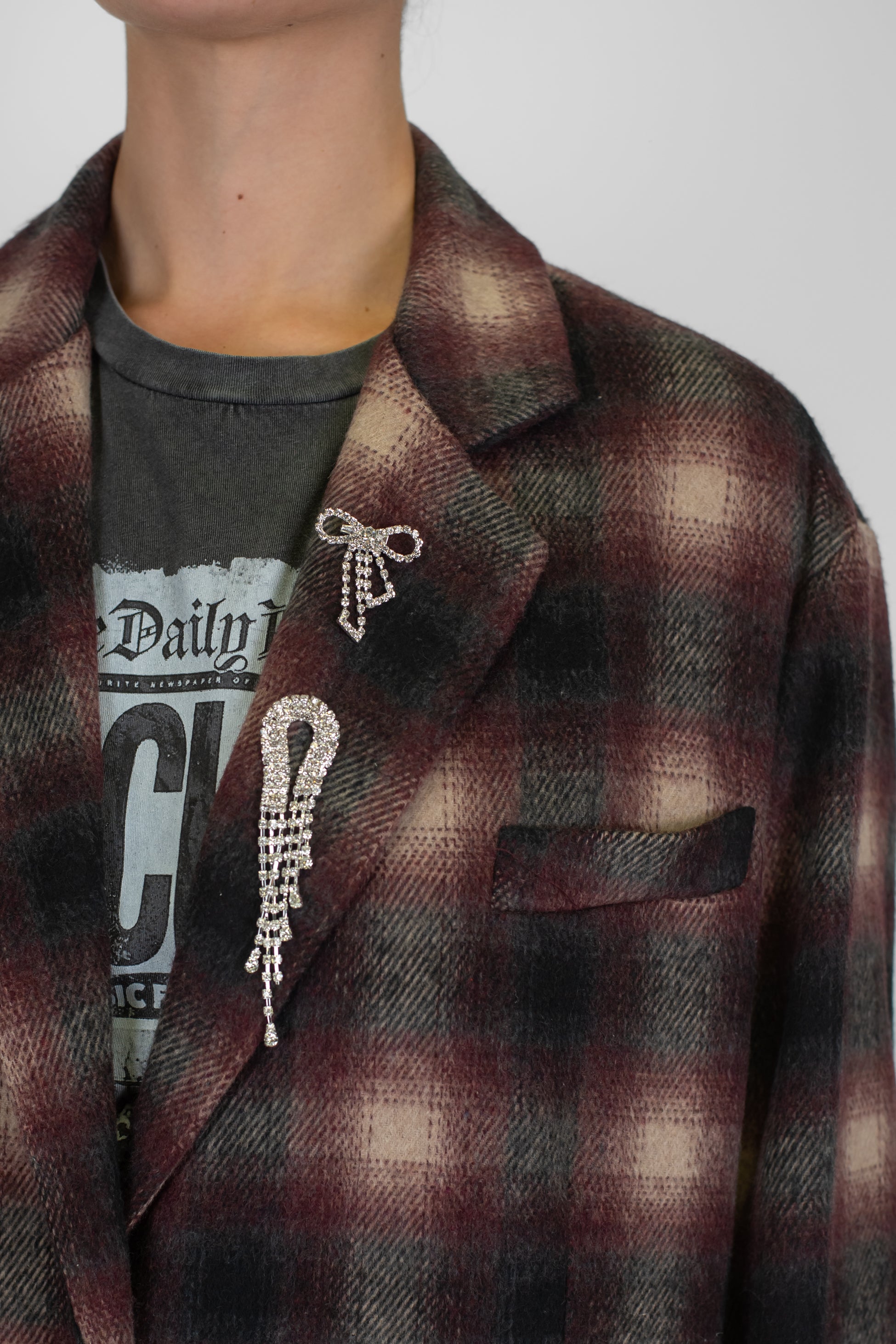 Dixie - Giacca monopetto fantasia check in misto lana con spille gioiello sul rever