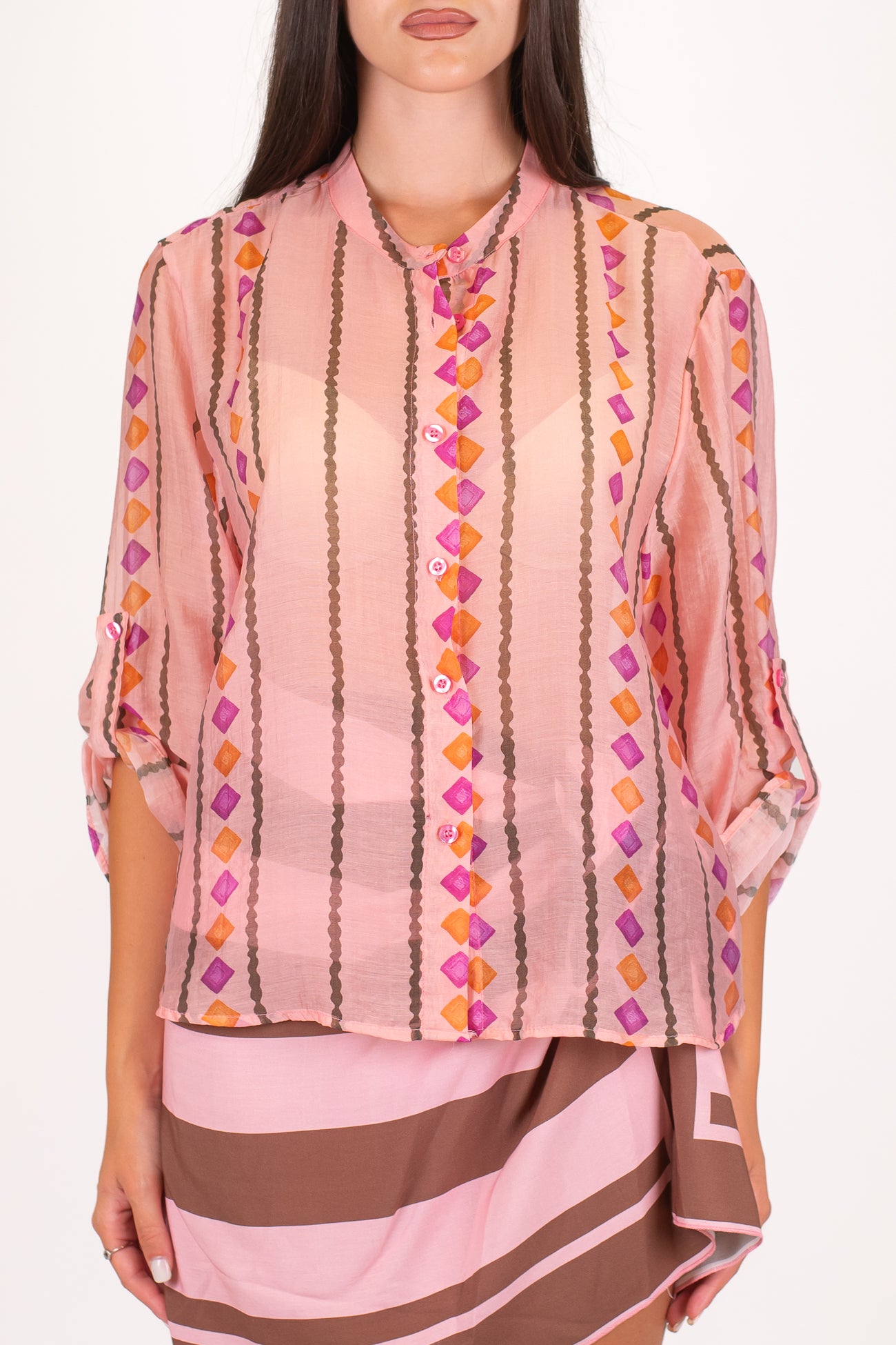 Haveone - Camicia fantasia rombi in lyocell con collo coreano