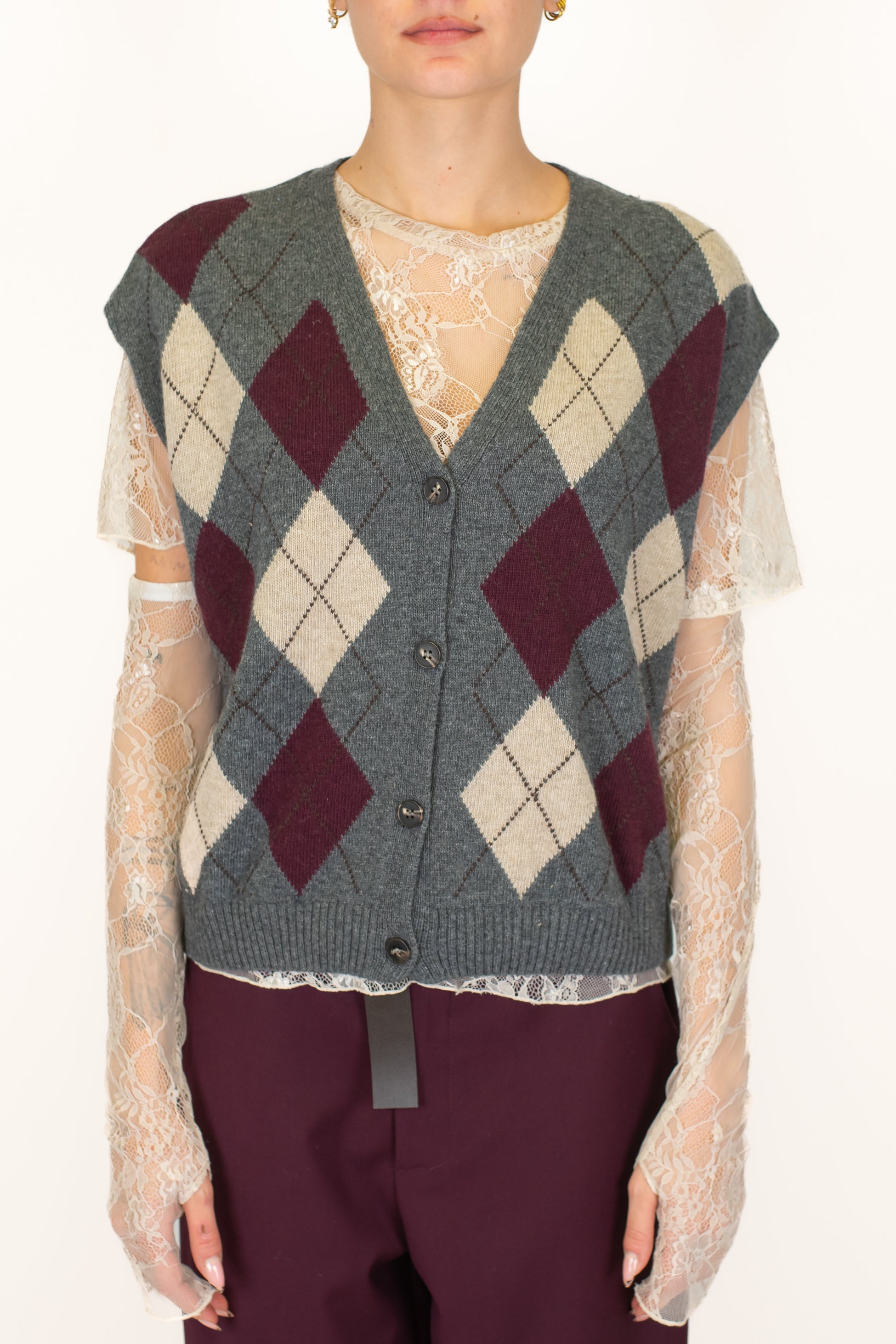 Tensione in - Gilet in maglia fantasia rombi a contrasto