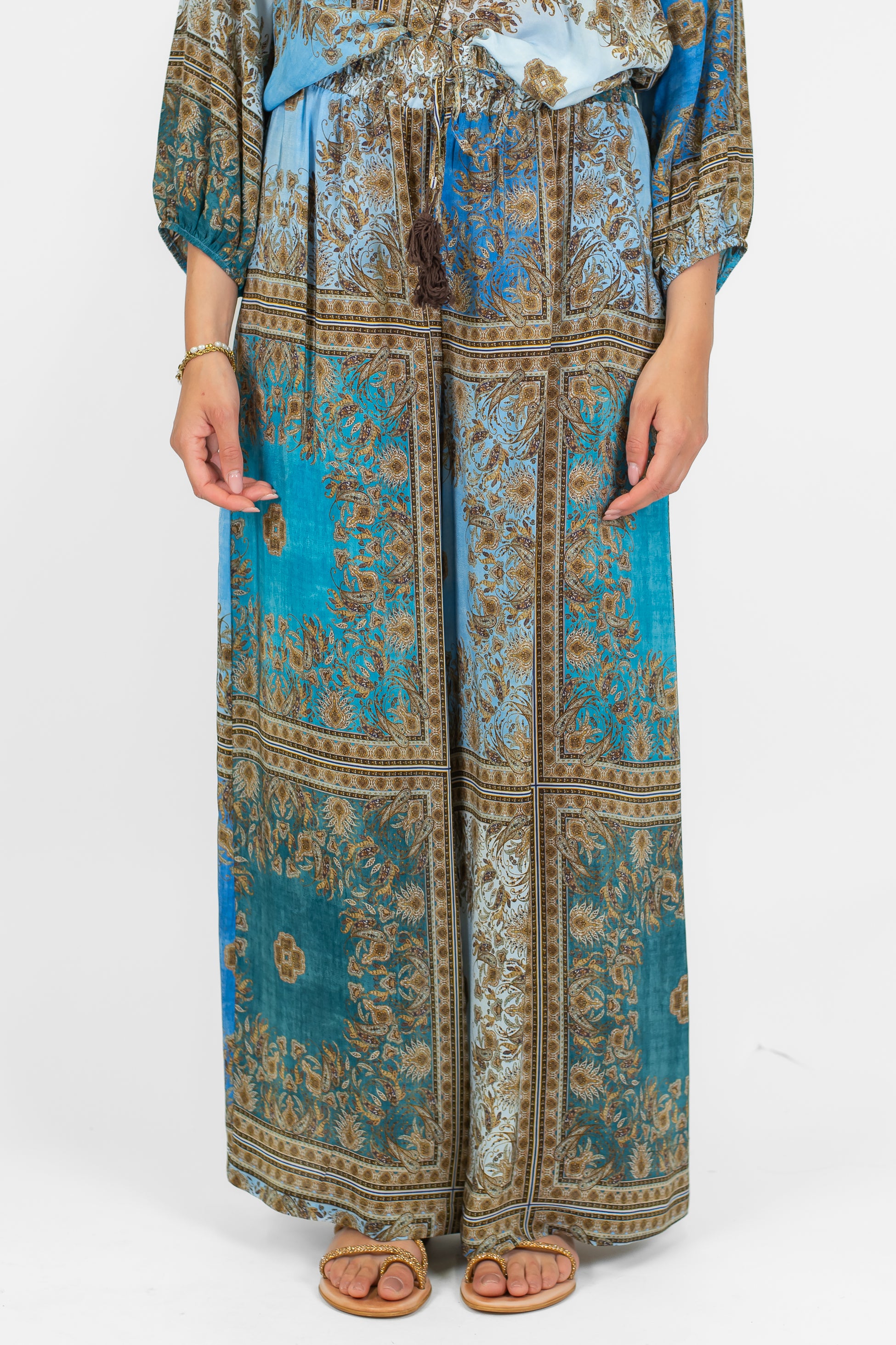 Motel - Pantalone palazzo fantasia astratta in viscosa con coulisse