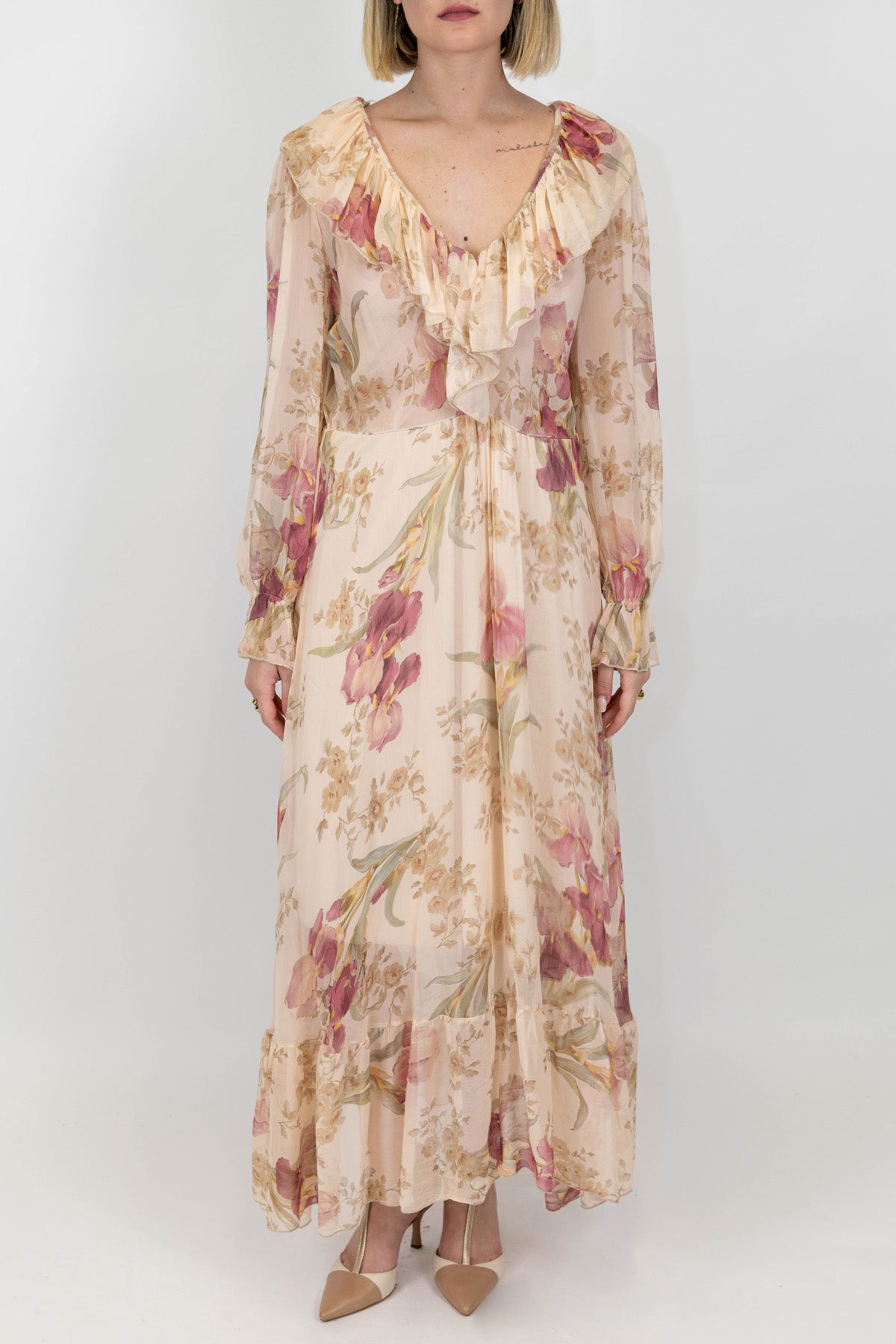 Dixie - Abito lungo fantasia floreale in viscosa con rouches