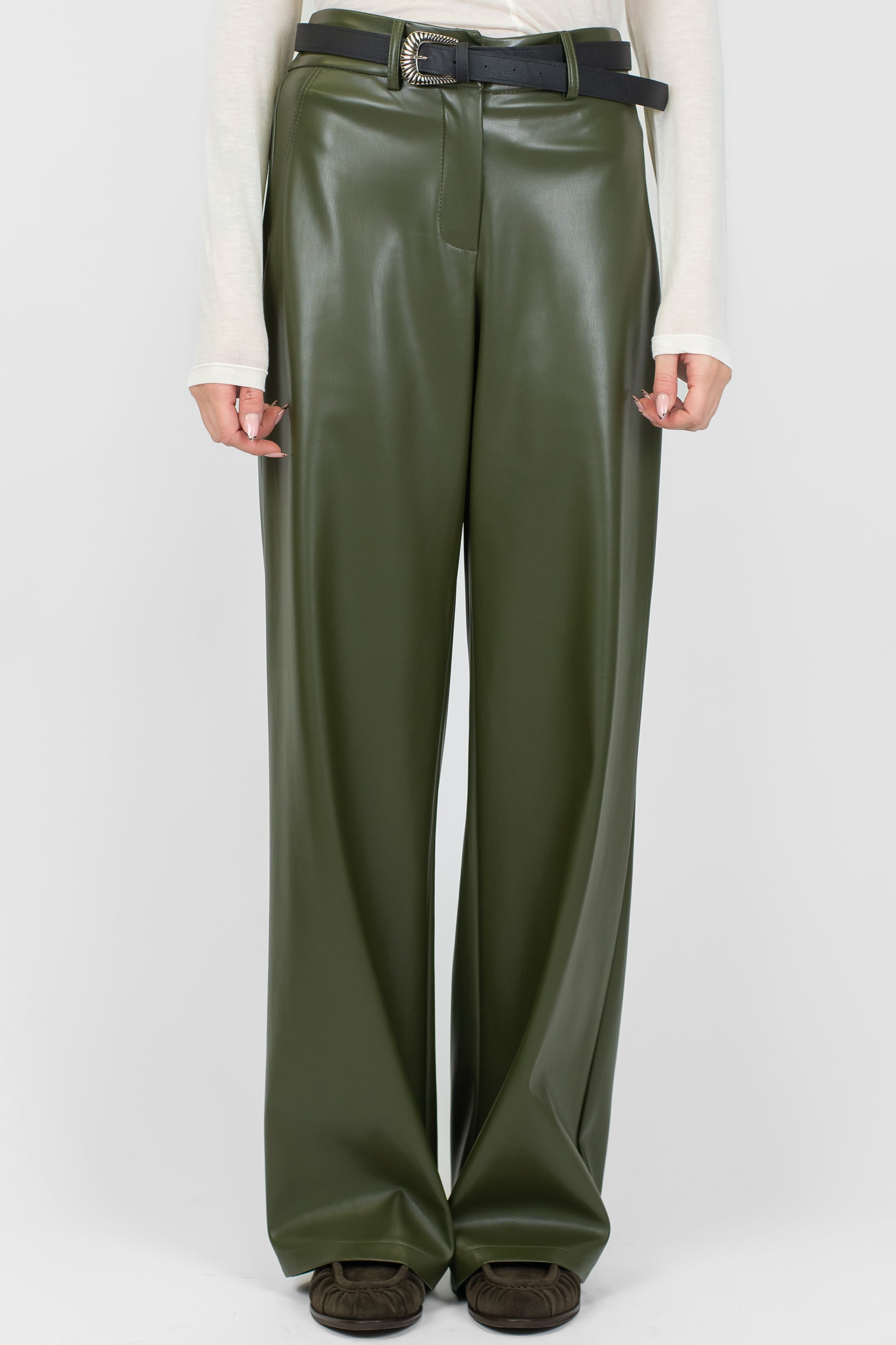 Haveone - Pantalone palazzo in ecopelle con elastico sul retro