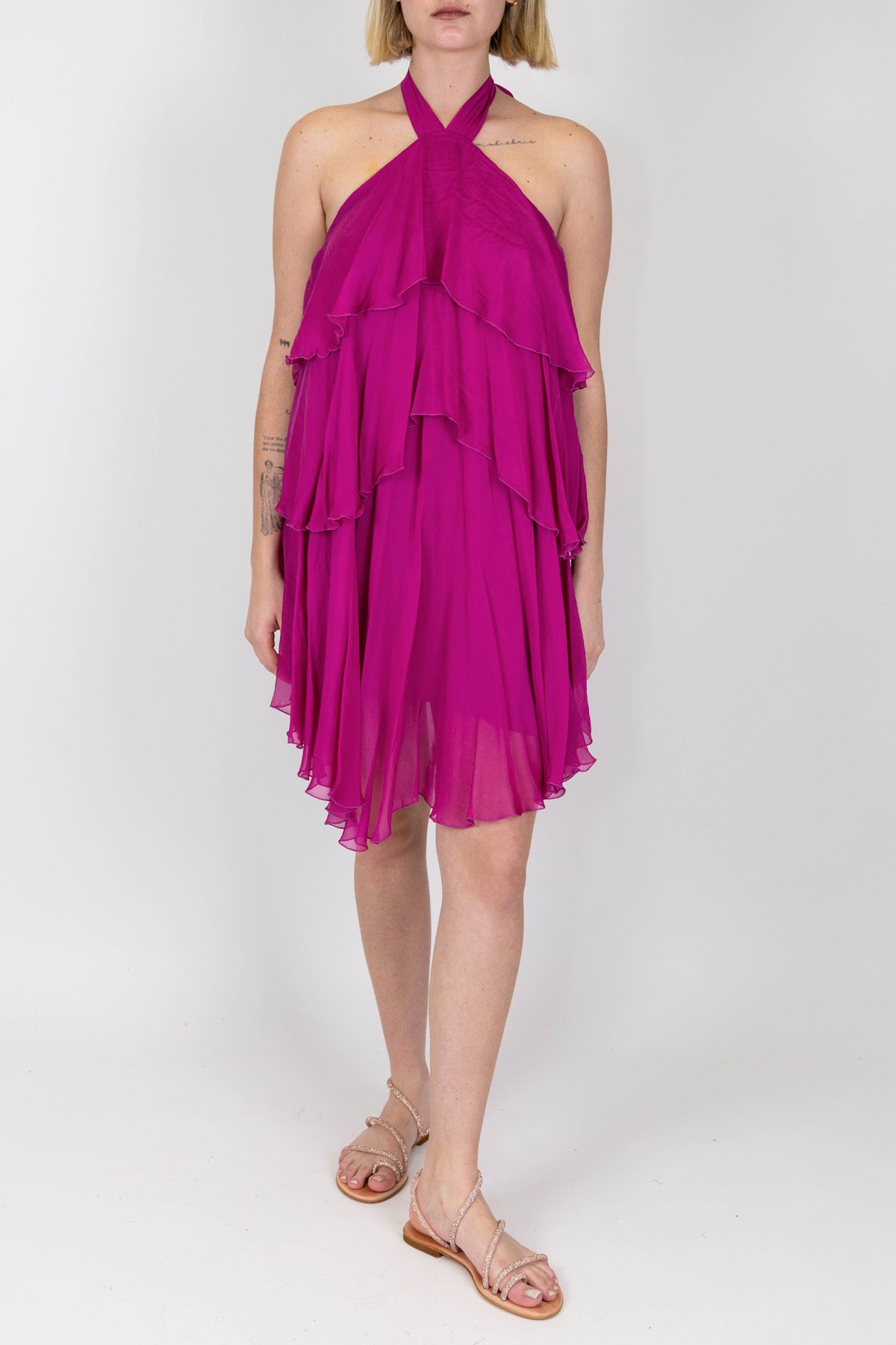 Haveone - Abito corto in misto seta con allaccio al collo e balze