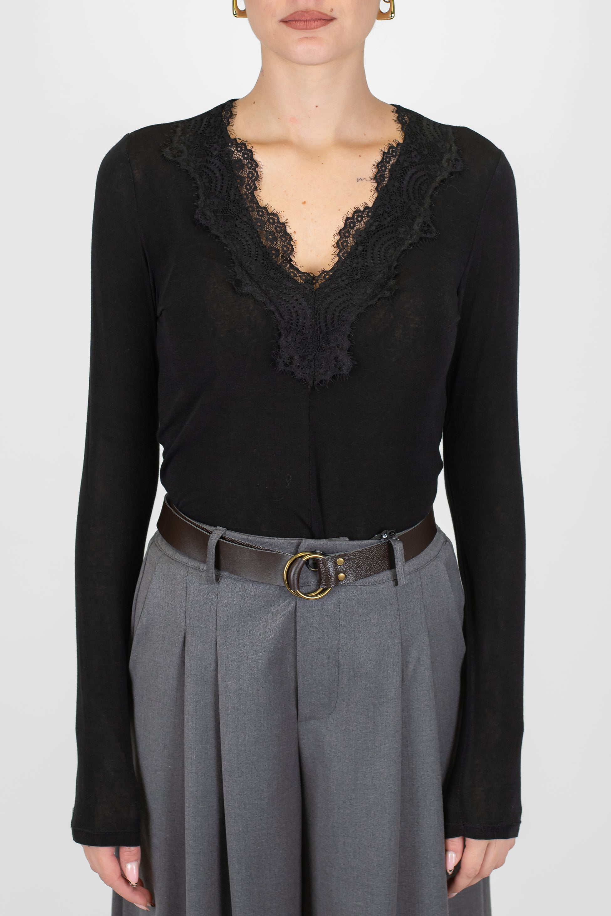 Haveone - Maglia basic in misto cashmere con scollo a V in pizzo