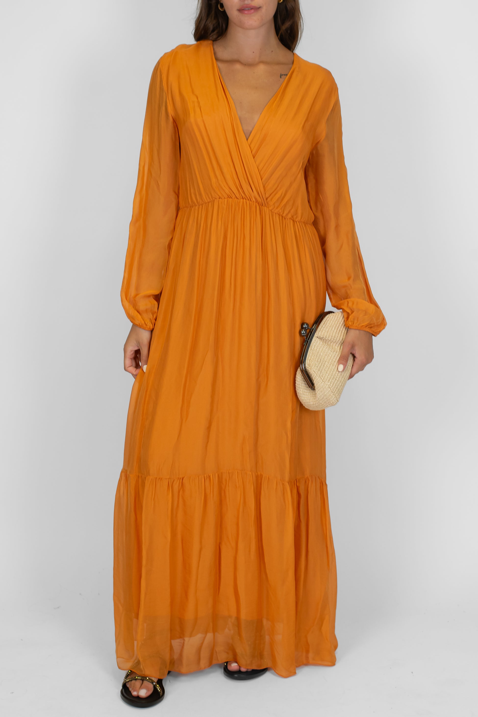 Dixie - Abito corto scollo a V in misto seta con balze