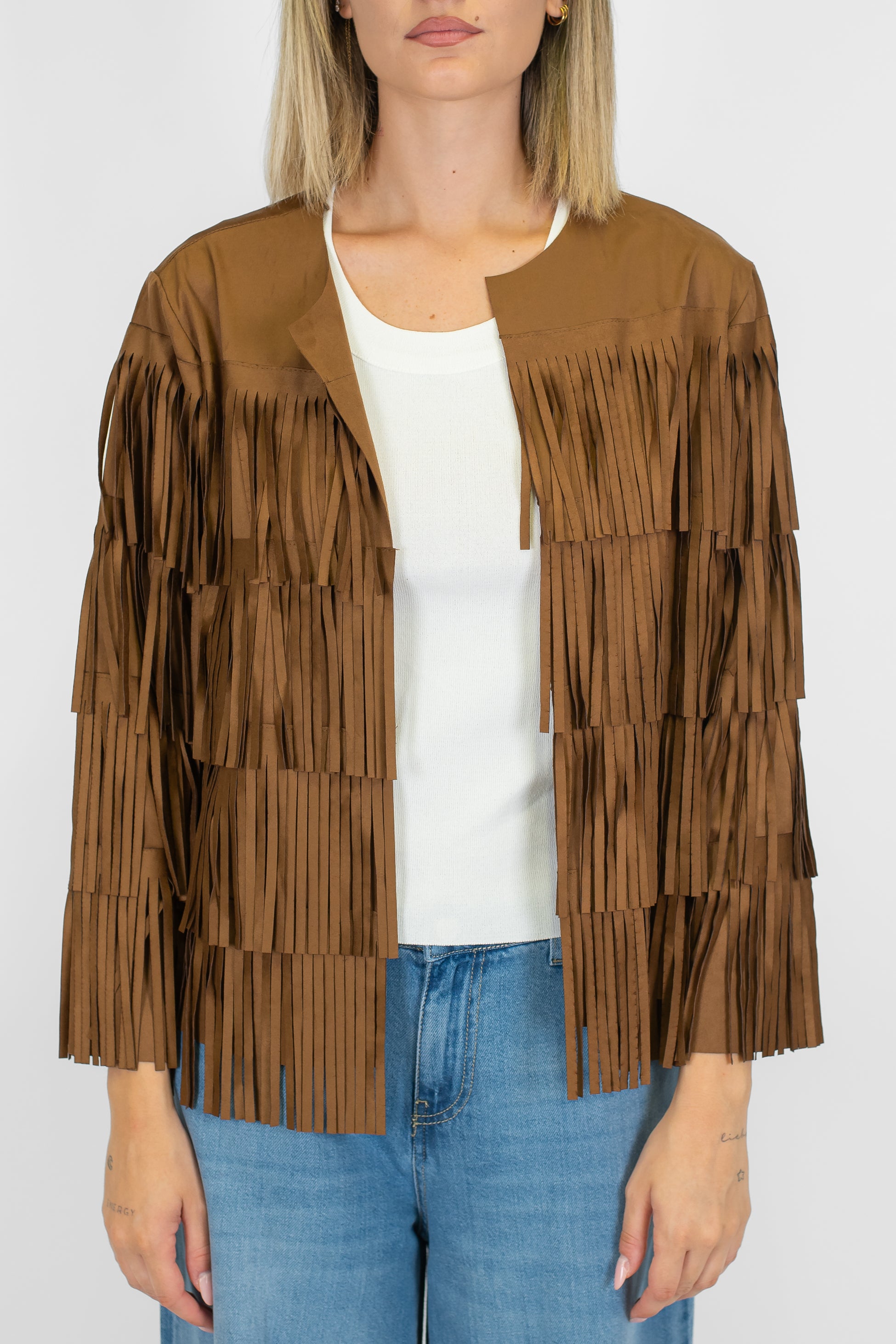 Dixie - Giacca in dainetto priva di bottoni con frange