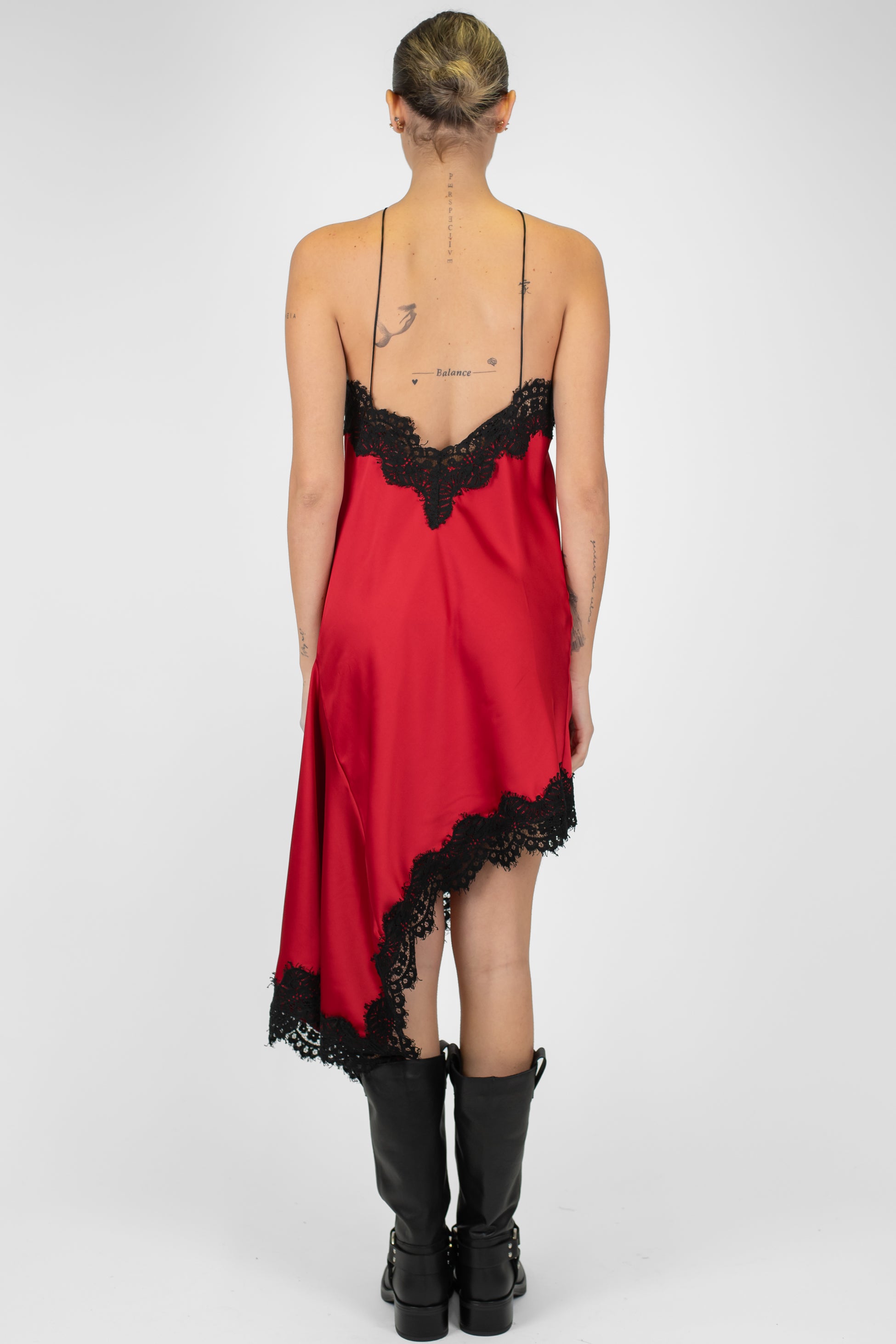 Motel - Abito corto in satin con profili in pizzo e asimmetria laterale